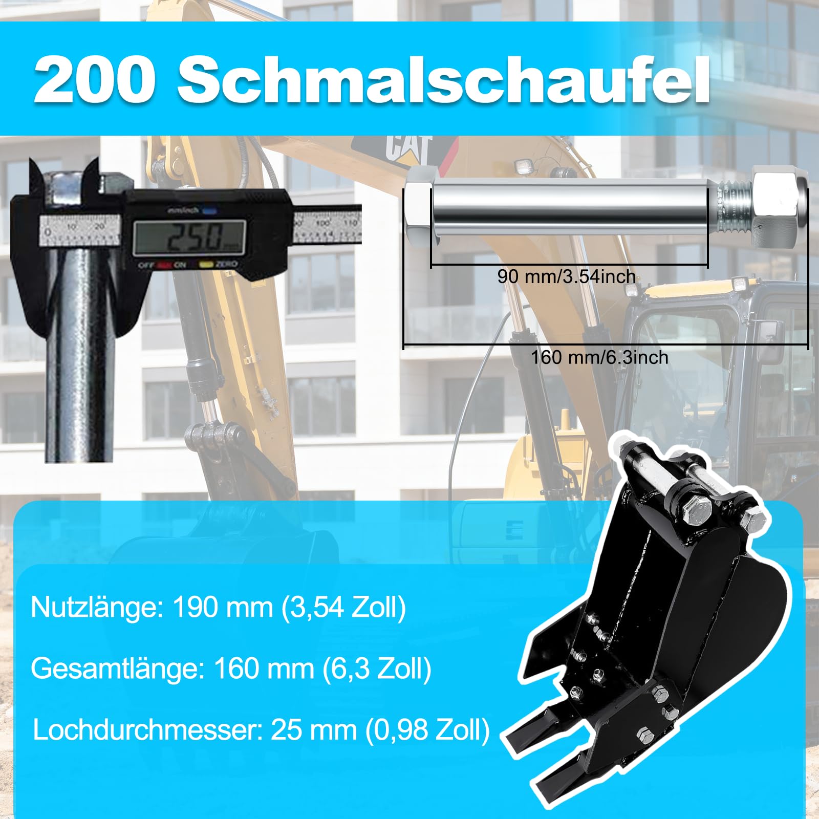 Minibagger Löffel 20 cm– Passendes Anbaugerät für Minibagger von 0,8-1,8 Tonnen,Spannweite 90mm Loch, Durchmesser 25mm,Geeignet für Bodengraben, Landschaftsarbeiten