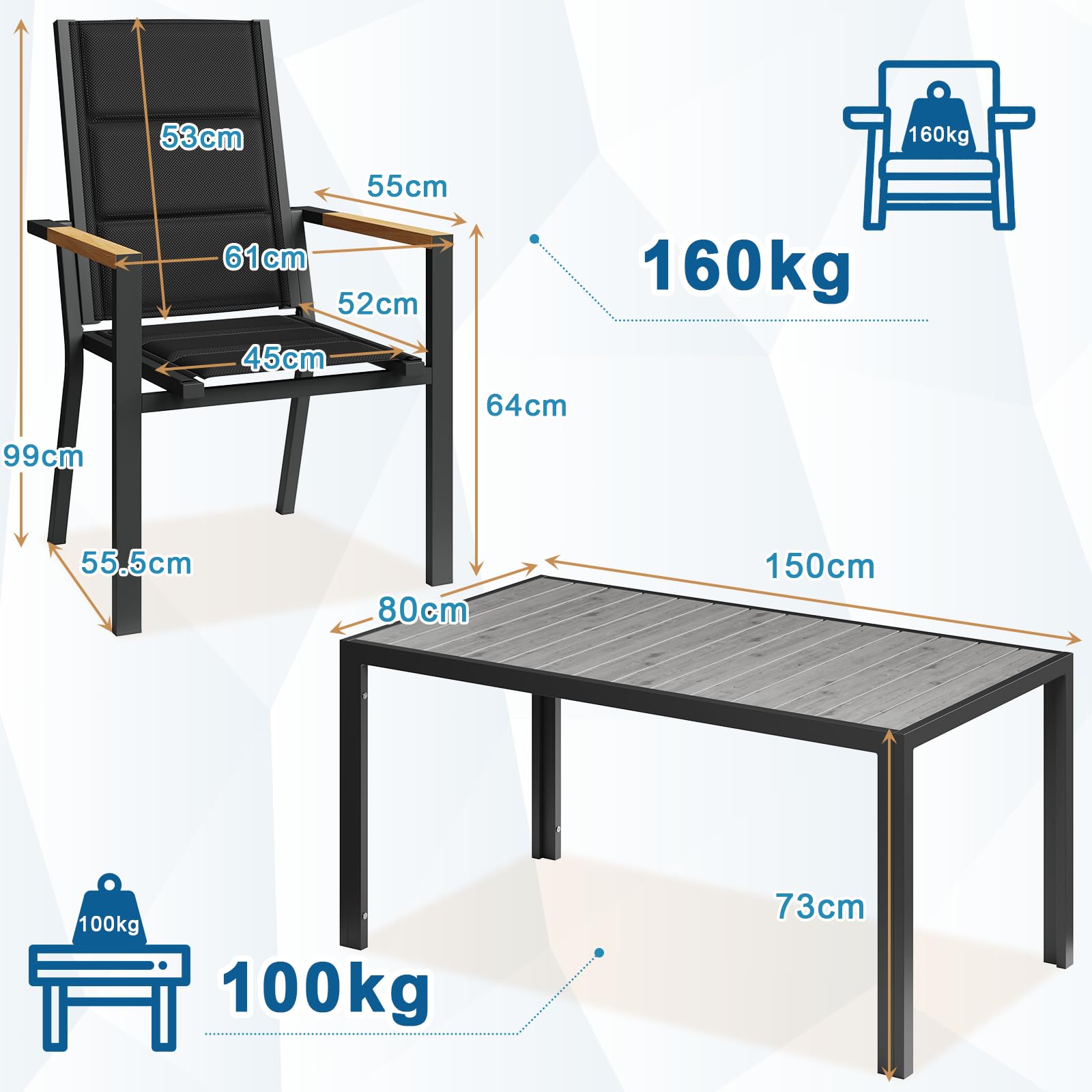 JUMMICO Set di Arredo da Giardino 4 Persone, Set di Tavolo 150 cm Design a Vena di Legno e 4 Sedie Impilabili da Esterno in Alluminio, Ideale per Cortile, Terrazza o Ai Margini della Piscina(Grigio)