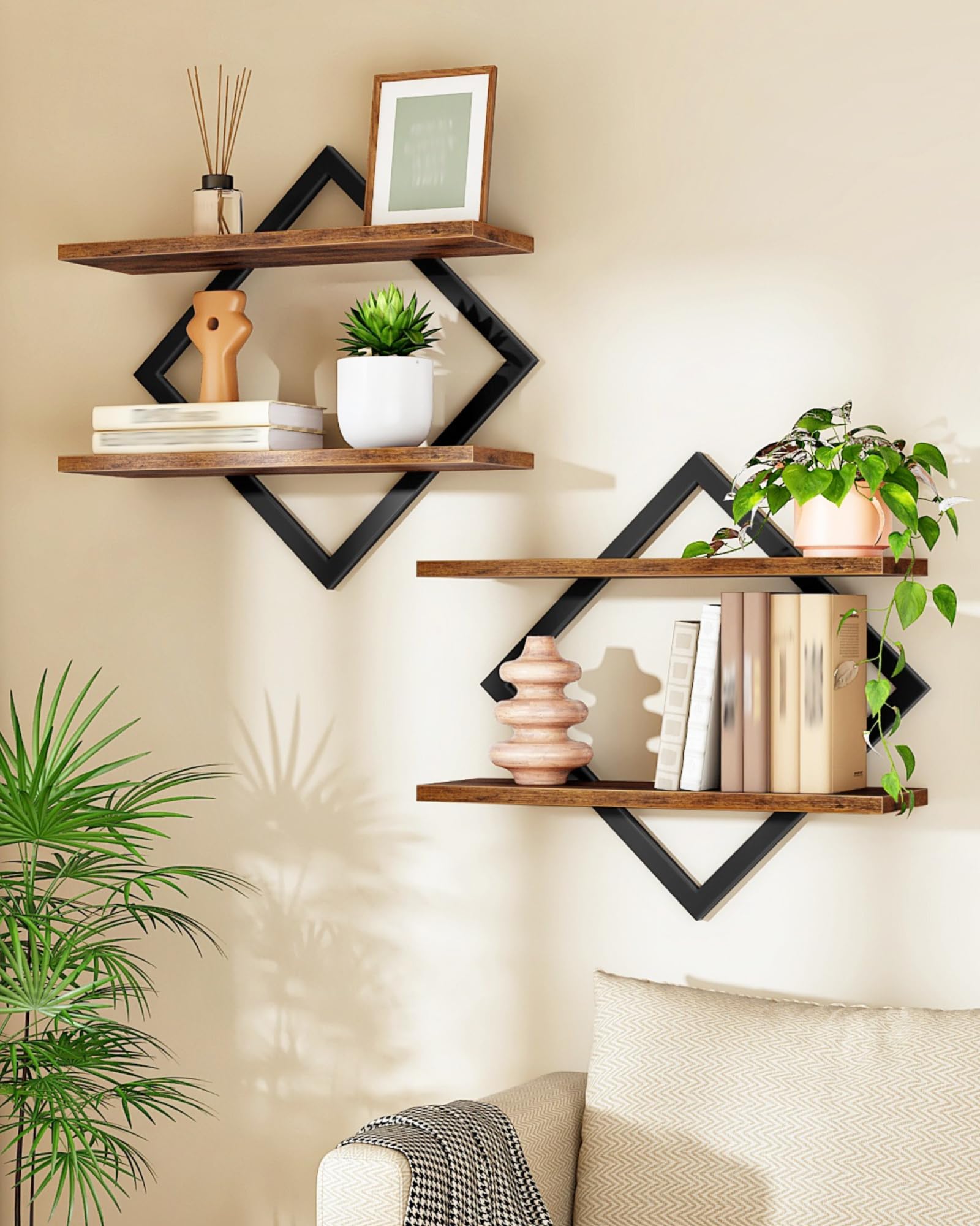 CHOEZON Floating Shelves, Set of 2 Wall Shelves, 2-Tier Hanging Shelves, Wall Shelf Set of 2, Wall Mounted Shelves, for Living Room, Bedroom, Kitchen, Office, S
