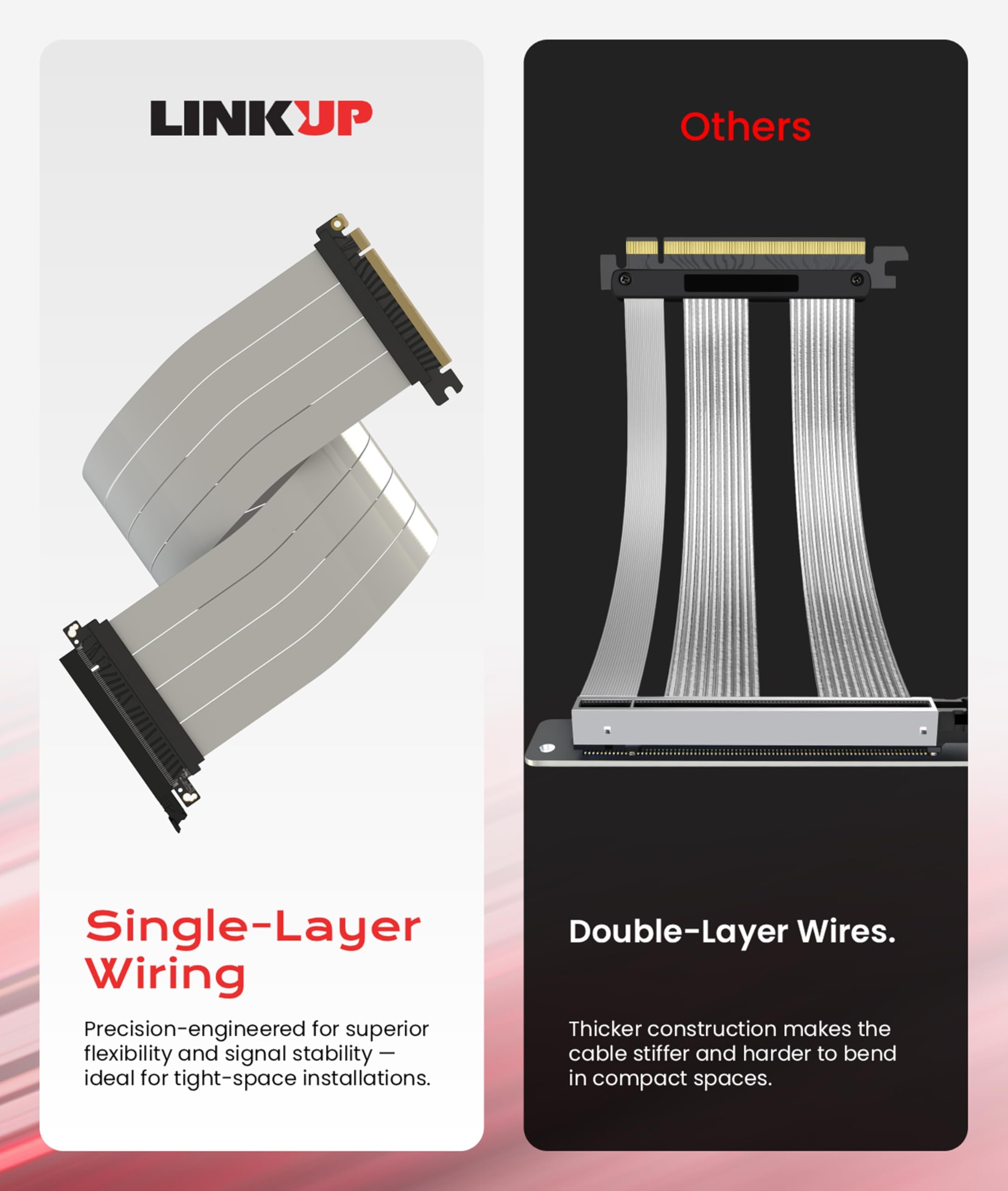 LINKUP Kabel PCIe 5.0 Riser | do pionowego montażu GPU | kąt lewy | karta graficzna GPU Ready | do użytku z PCIe 4.0 i RX 9070/RTX5090 | 40 cm (długość całkowita: 44 cm)