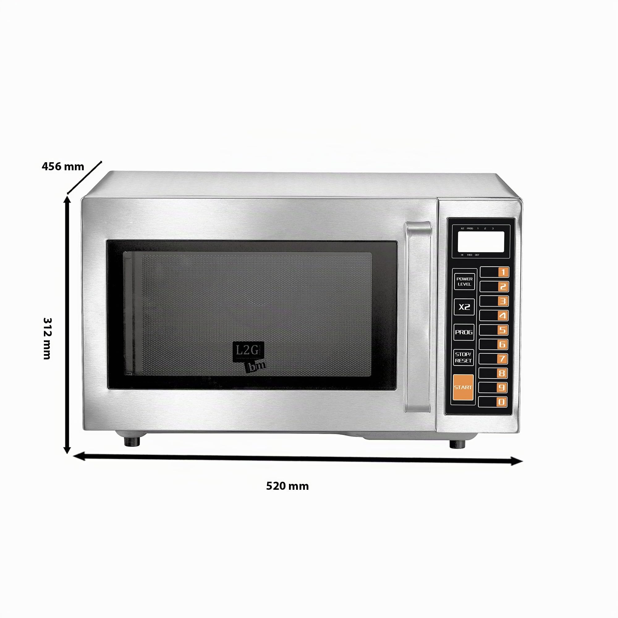 SARO MWO25P - Forno a microonde per la ristorazione, da 25 l, in acciaio inox, con fondo in ceramica, 3 livelli di potenza, 20 programmi, illuminazione interna, da 1000 W e 230 V