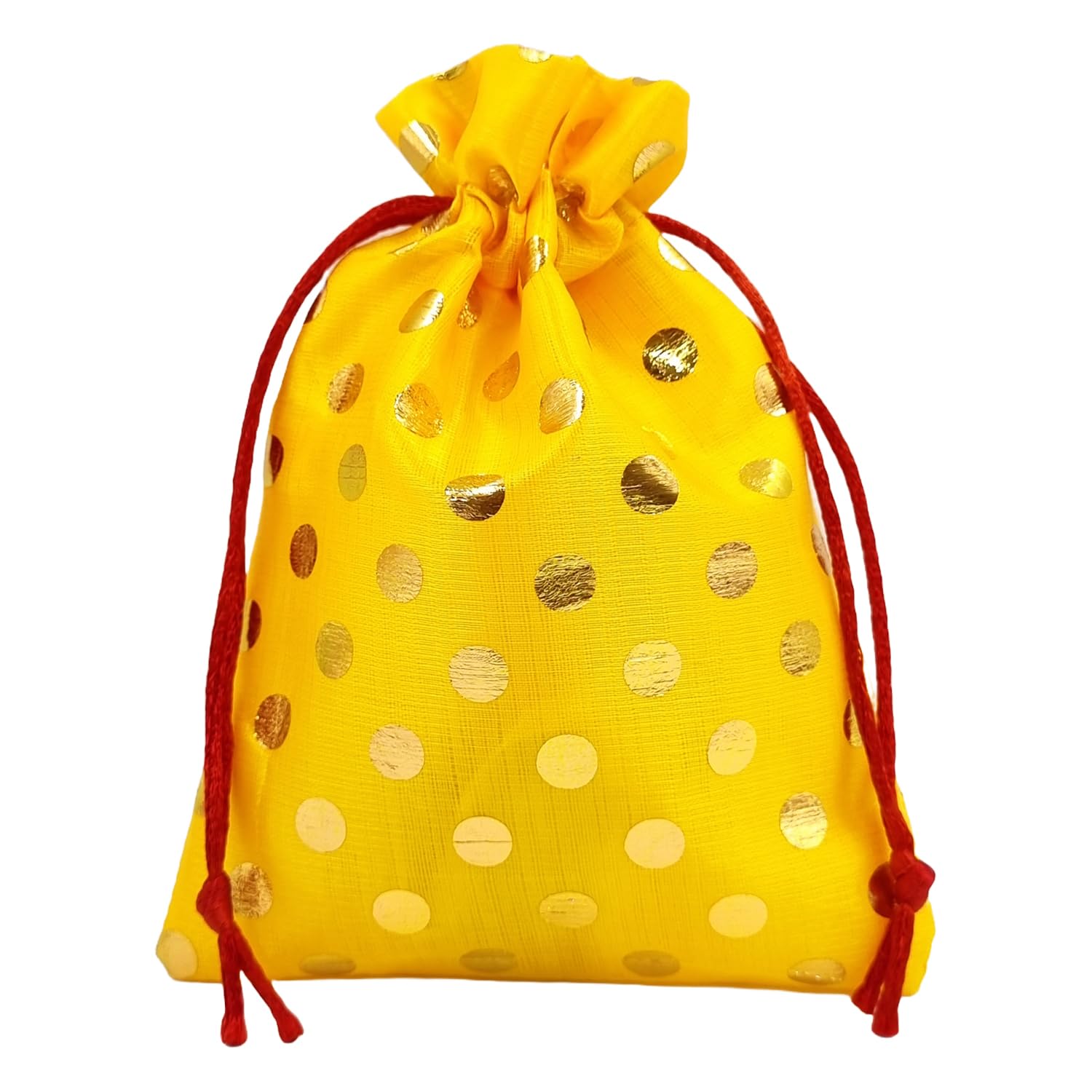 NAVIRA FABS Potli Drawstring Bags (Yellow-Polka Dot) 12 X 18 cm for Return Gifts, Wedding, Baby Shower, Bridal Party, Haldi Functions and Jewelry Size : 12X18 cm | Pack of 30