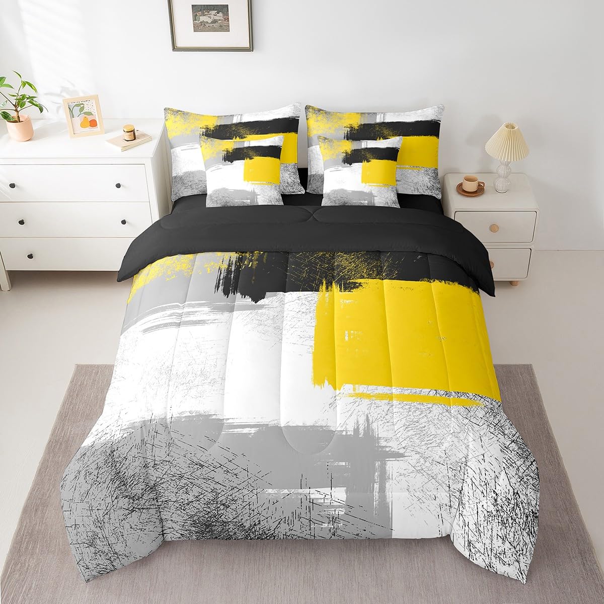 Feelyou Yellow Black Grey White 7 Piece Bedding Set Abstract Bed Set Includes Comforter, Sheet Set, Pillowcases & Pillow Covers King Size Ombre Modern