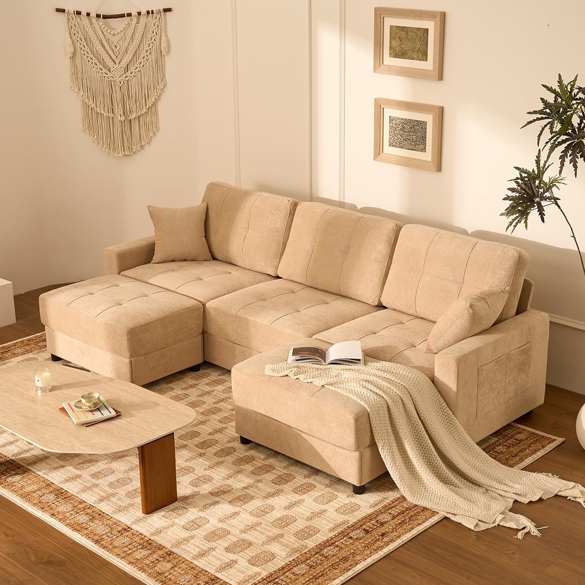 112" U Shaped Modular Cloud Sectional Couch, Waffle Fabric, Oatmeal Beige | Modular Deep Seat Sofa, Movable Ottoman, Pocket Spring Cushions, 2-Box Delivery, Living Room Lounge Use, Not Boneless