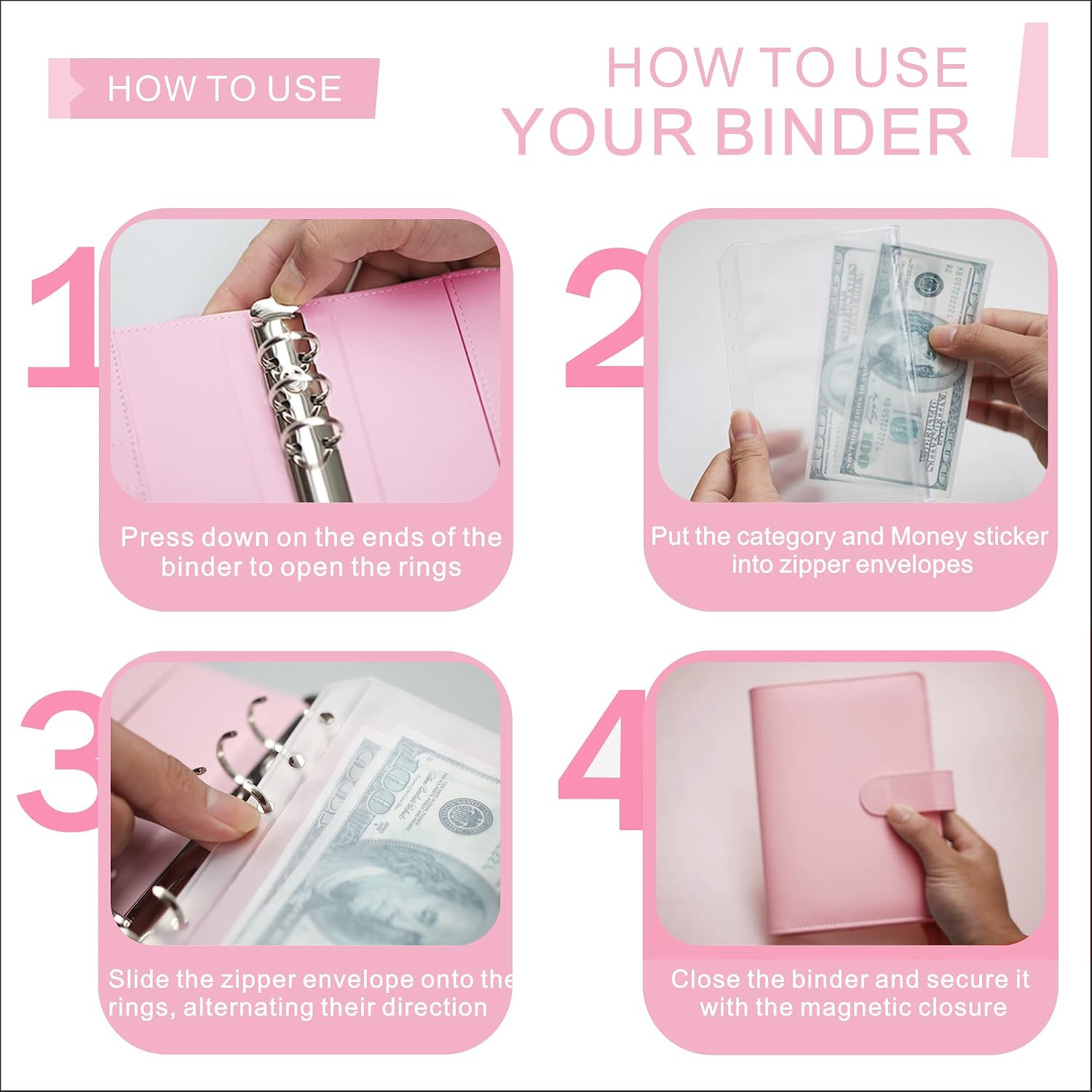Budget Binder with Zipper Envelopes TOUVE 6 Ring Binder with 12 Pcs Binder Sheet Binder with Cash Envelopes,Money Organizer for Cash with 8 Pcs Plastic Binder Pockets,Cash Envelopes for Budgeting
