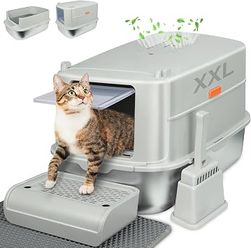 Stainless Steel Cat Litter Box with Lid,XL Enclosed Metal Cats Litter Box,Covered Removable Stainless Steel Cat Litter Boxes,with Litter Scoop & Foot Pedal & Litter Mat,Odor Control