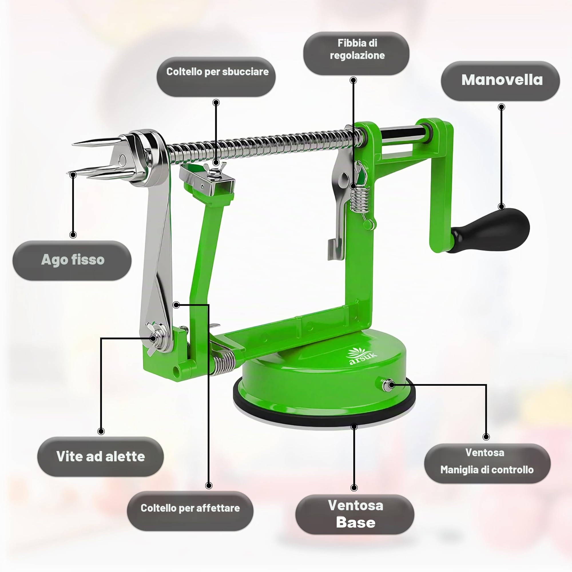 ARSUK Sbuccia Mela - Pelatore, Affettatore e Levatorsoli, Pelapatate Frutta Verdure e Patate Pela 3 in 1 - Pelamele Macchina, Corpo Ghisa, Lama Regolabile in Acciaio Inox, Base a Ventosa Antiscivolo