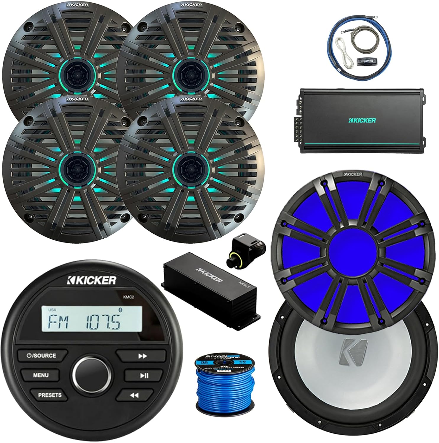 Kicker 46KMC2 Marine Gauge Style BT Receiver, 4X 6.5 195W Multicolor LED Audio Speakers, Charcoal Salt Water Grilles, Amp w/Kit, 10" Subwoofer, 10" LED Grille (Charcoal), Wired Controller w/Wire