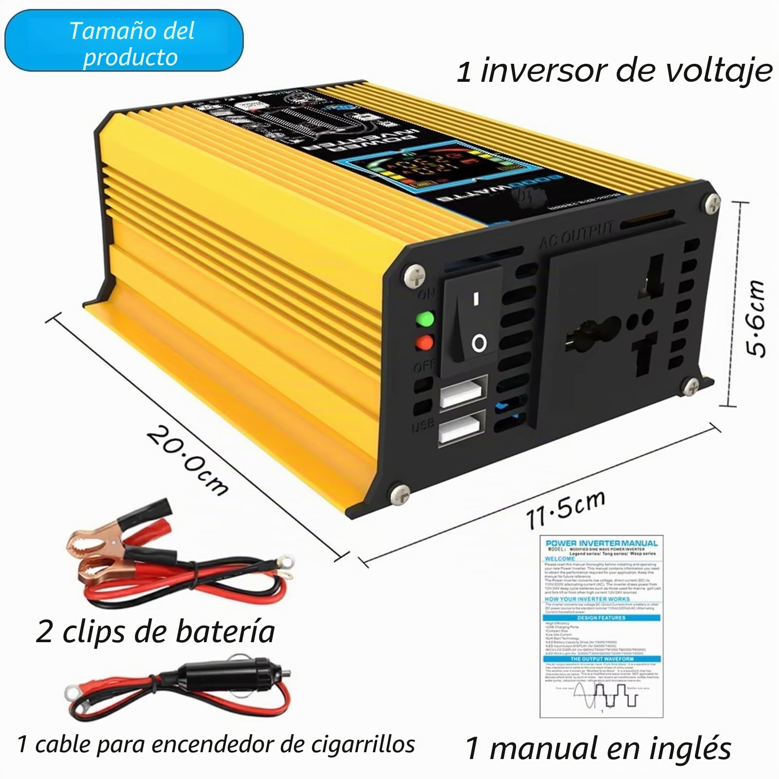 Inversor Inversor Energía Solar Vehículos 6000W (CC 12 V A CA 110 V/220 V) con Pantalla Digital USB Dual Autocaravanas Pequeños Electrodomésticos Inversor de Corriente(AC 110V)