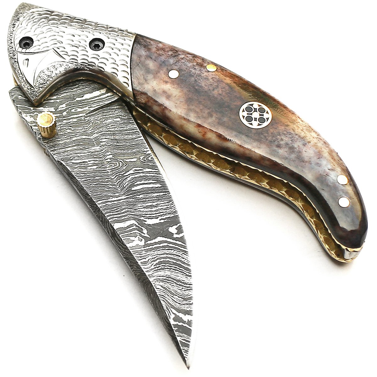 Damascus Folding Knife - Handmade Damascus Steel - Damascus Pocket Knife - Stained Bone Handle, also make, Sword, Full Tang bowi, Bushcraft nife, Handmade Viking Axe, Knives with Sheath - Saaa-9111