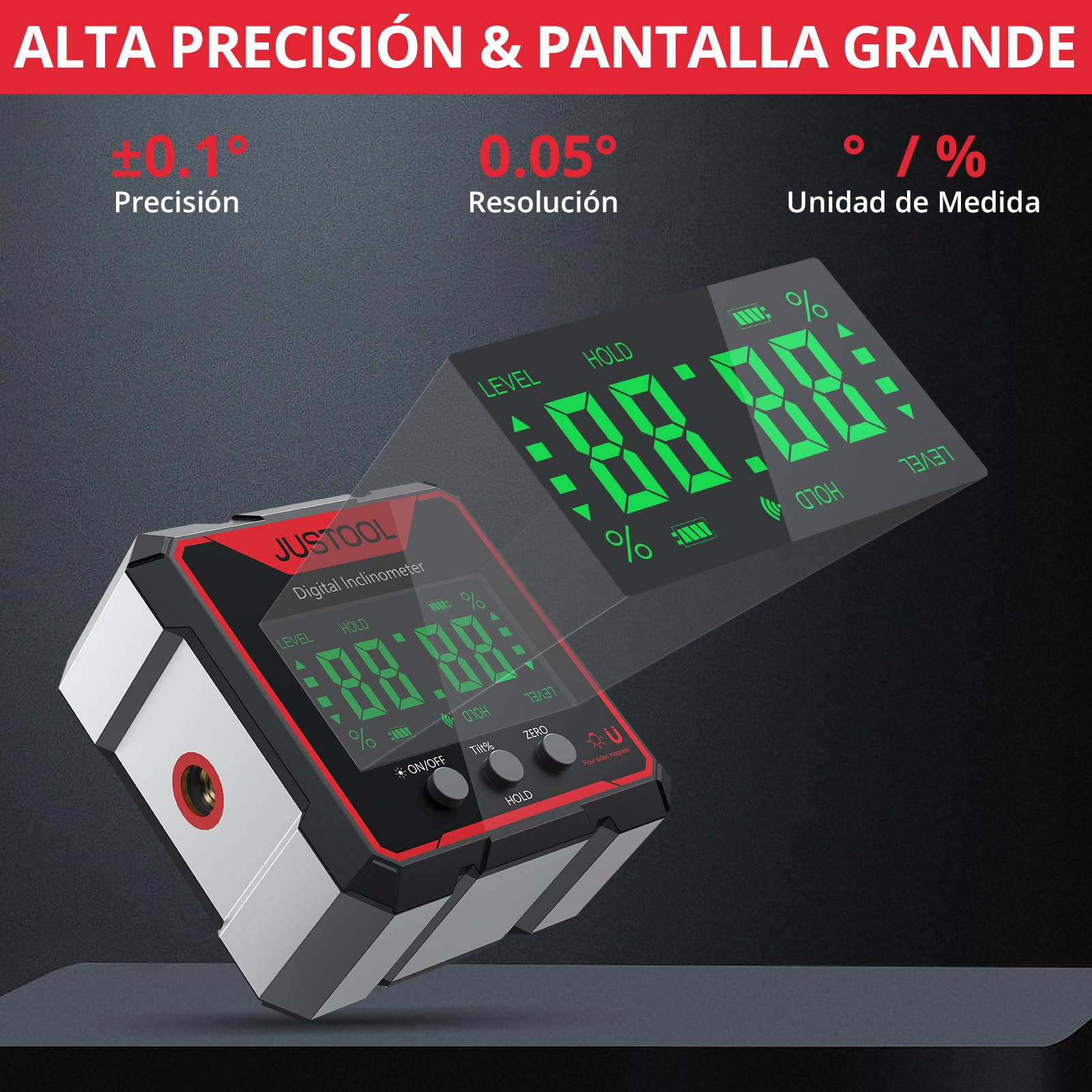 JUSTOOL Inclinómetro digital 4 * 90 con Pantalla LED-Nivel digital 4 lados magnéticos-Transportador láser electrónico Recargable-IP54 Impermeable para Carpintería,Construcción etc