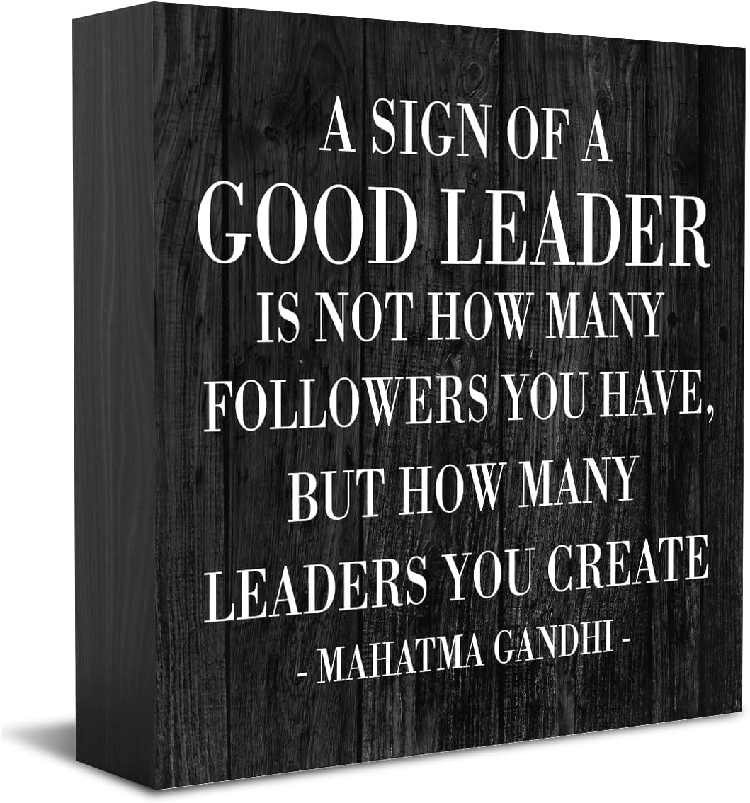 7x7 Inch Leadership Quote Box Sign, Rustic Black Wood Desk Decor