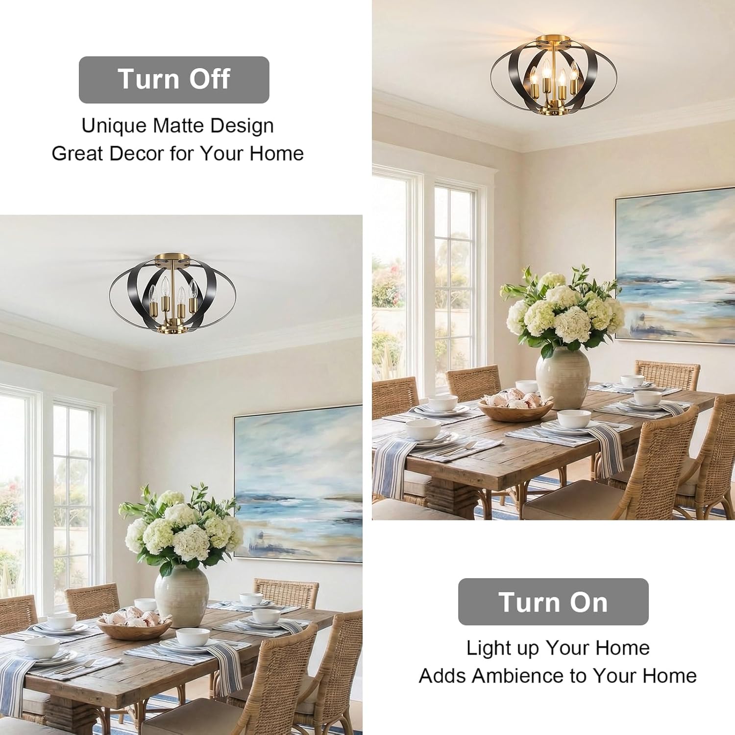 Black and Gold Semi Flush Mount Ceiling Light, 4-Light Farmhouse Modern Light Fixtures Ceiling Mount, Metal Cage Chandelier Lamp for Kitchen, Hallway, Entryway, Living Room, Bedroom