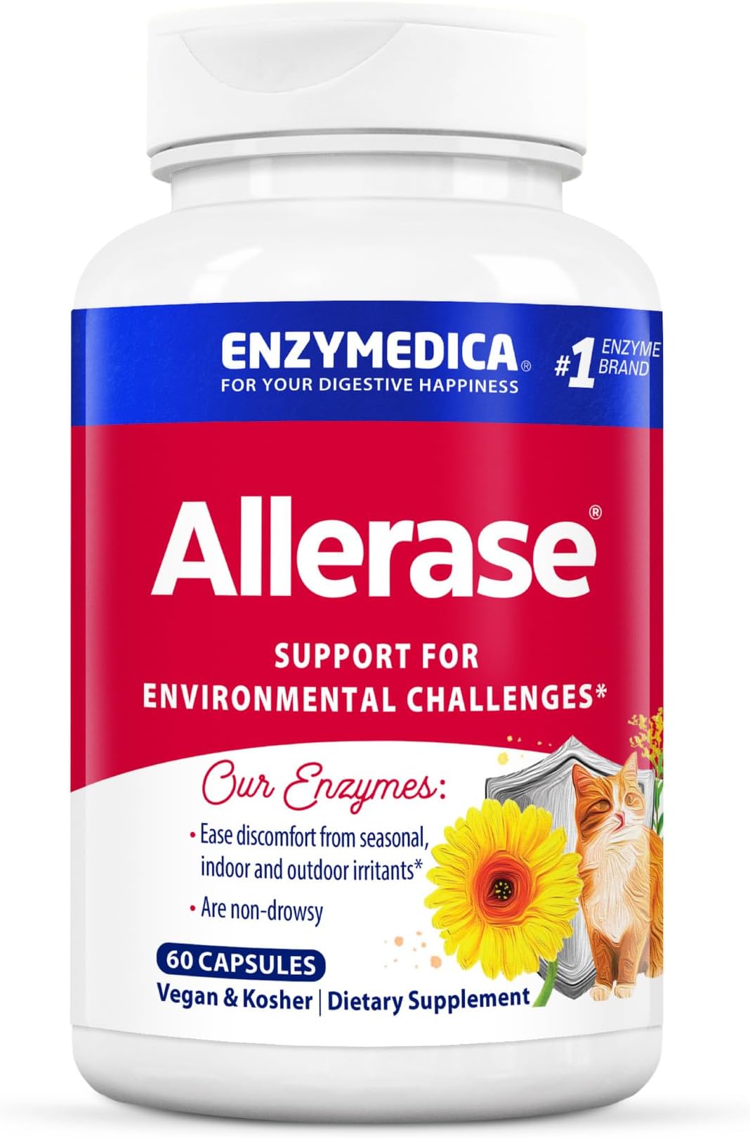Allerase, Non-Drowsy Enzyme Supplement to Help Relieve Seasonal Mucus Buildup, 60 Count