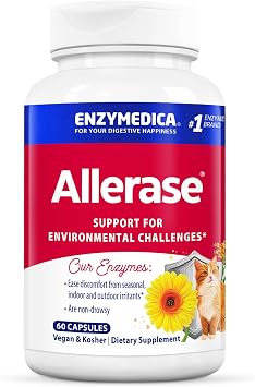 Enzymedica, Allerase, Non-Drowsy Enzyme Supplement to Help Relieve Seasonal Mucus Buildup, Vegan, Kosher, 60 Capsules 60 Servings