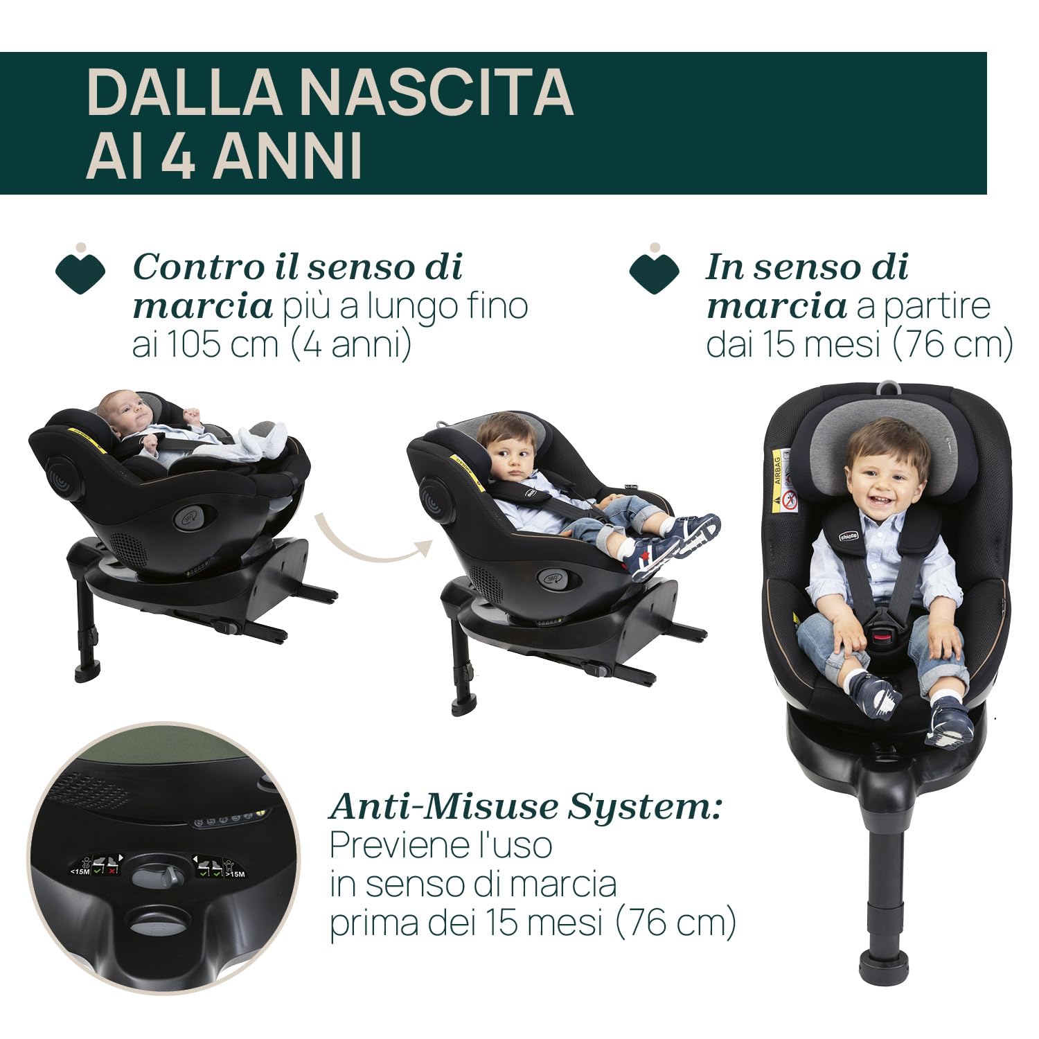Chicco Seat105 I-Size, Seggiolino Auto Omologato ECE R129/03, Girevole A 360°, Reclinabile in 6 Posizioni, Installazione Semplice e Veloce, Riduttore Incluso, 40-105 cm, Gruppo 0/1/2, da 0 a 4 Anni