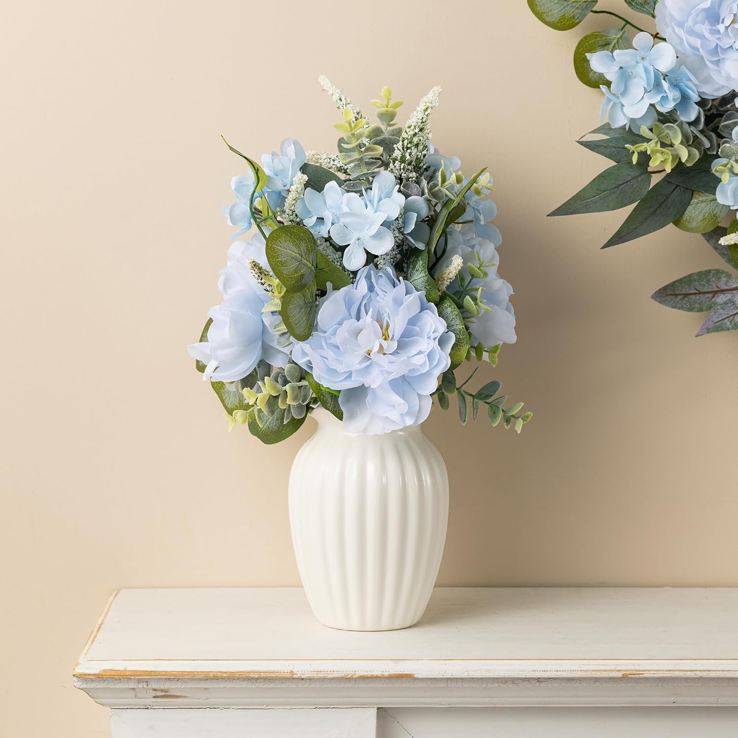Glitzhome 18" H Blue Peony & Hydrangea with Ceramic Vase Centerpiece Table Artificial Floral Arrangement for Home Table Holiday Decor