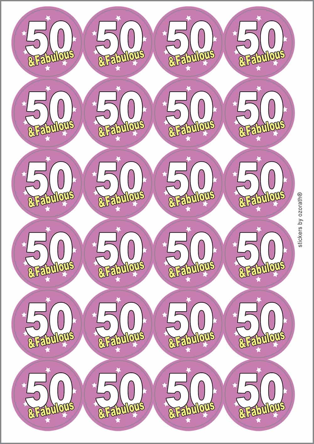 50 Fifty Fiftieth 50th Fabulous Birthday Circular Matt Paper Stickers A4 Sheet of 24 (Each Sticker is 45mm Diameter)