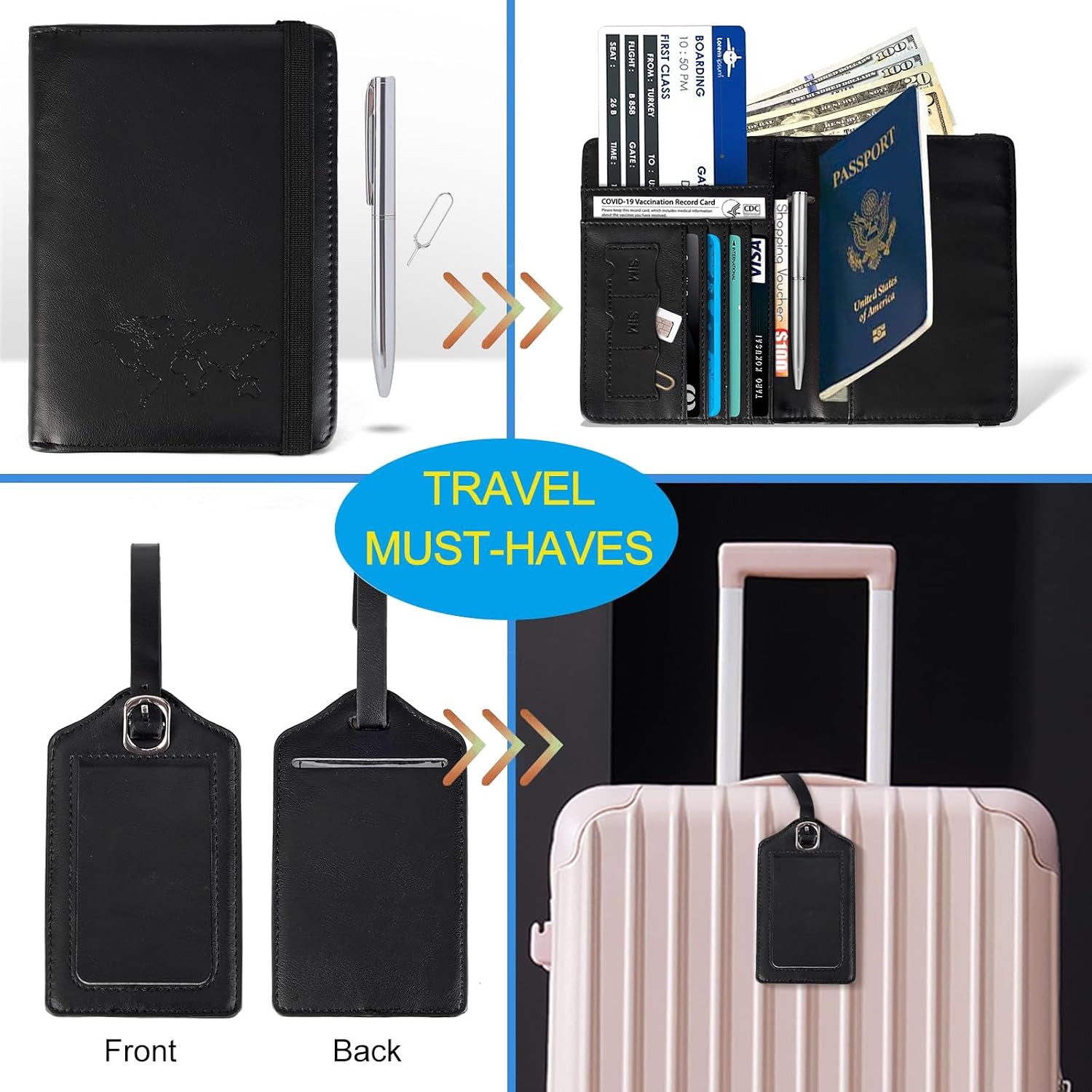 Passport Holder Slot and Cards Cash Air Ticket Pocket, Passport Book Cover Case Travel Essentials Brown (Black)
