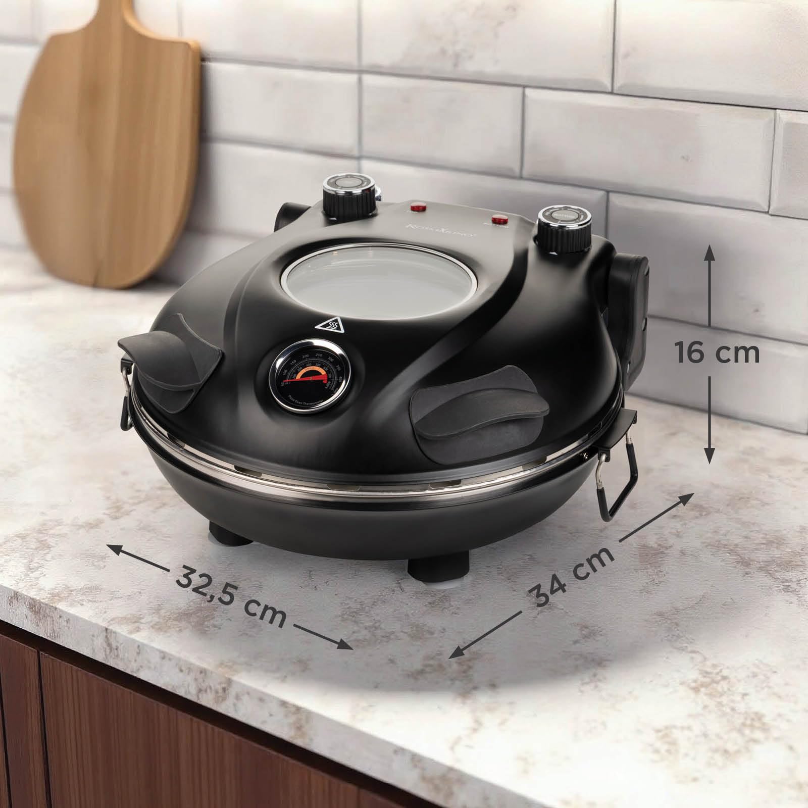 ROSMARINO Elektrischer Pizzaofen bis 400°C mit 30cm Pizzastein, 1200W Dual-Heizung oben & unten, Sichtfenster & Thermometer, Pizza Maker für authentische Pizza zuhause