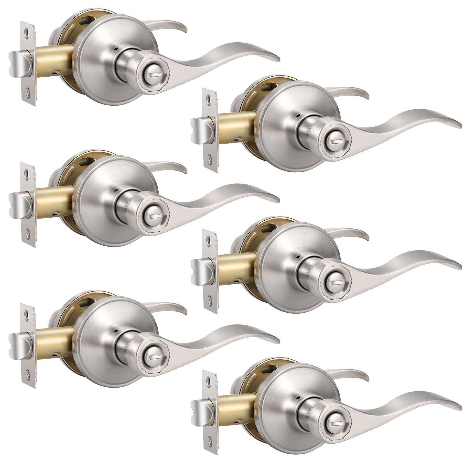 Knobonly 6 Pack Brushed Satin Nickel Door Lever Privacy Door Handles, Zinc Alloy Door Handle Interior, Keyless Lock for Bedroom or Bathroom