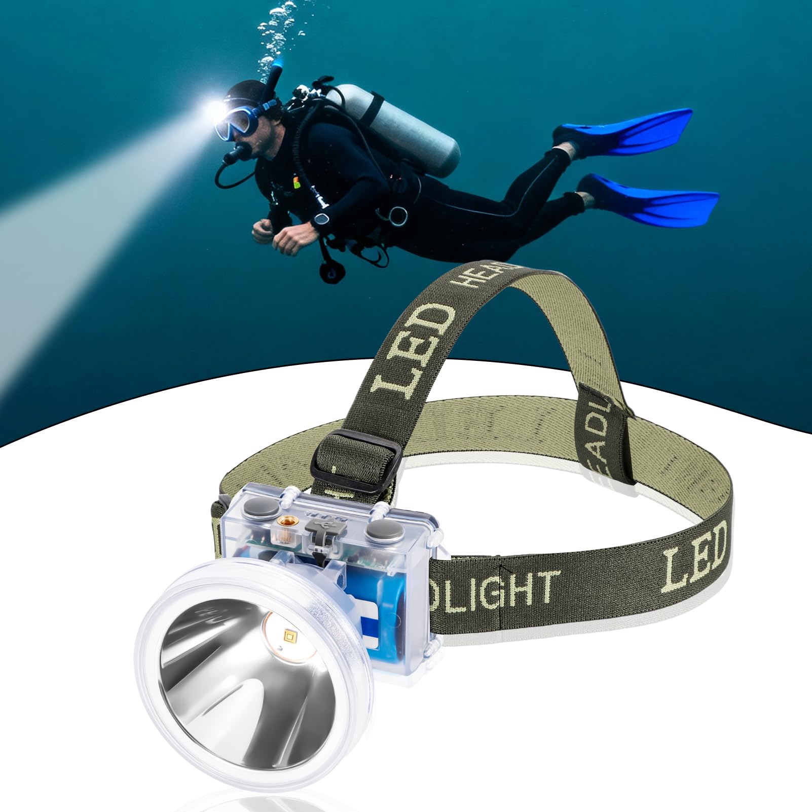 Wiederaufladbare Tauch-Stirnlampe, 4 Modi, Scheinwerfer mit Batteriestandsanzeige, 10 Stunden Laufzeit, Doppelschalter, Tauchlicht mit Akku und USB-Ladekabel
