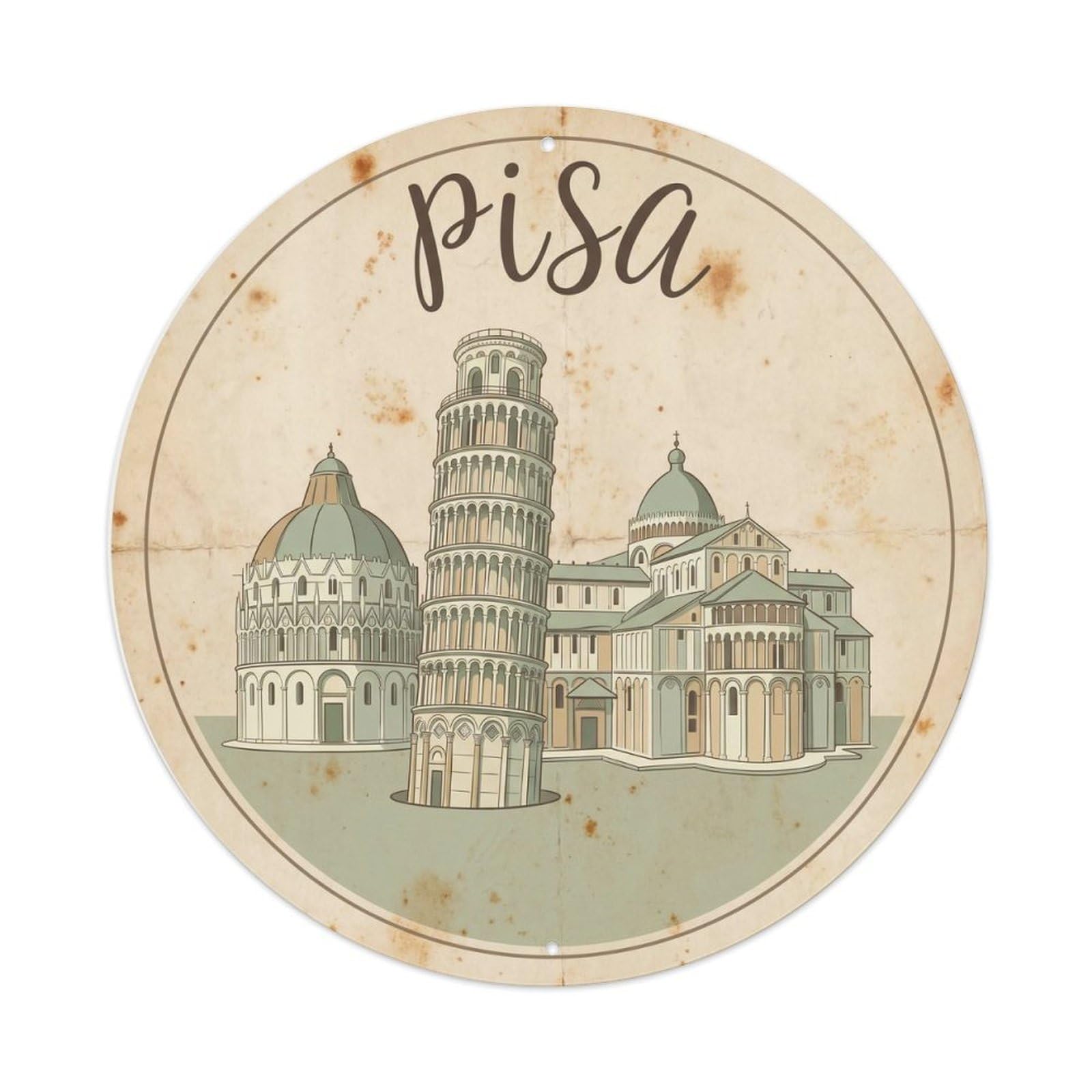 Vintage Travel Pisa Baptistery Cathedral Metal Tin Sign Plaque Wall Decor for Cafe, Club Bar, Office, Home Garden Round Metal Poster 8x8Inch