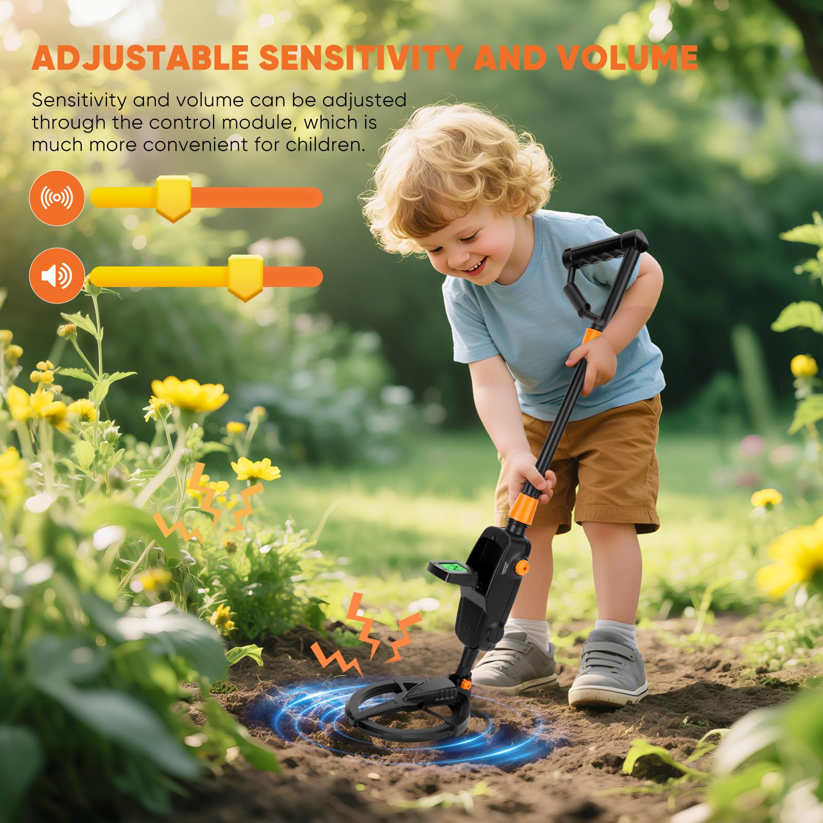 Détecteur de Métaux pour Enfants, IP68 Léger Détecteur de Métaux avec écran LCD et Indication Sonore, équipé d'une Bobine de Recherche étanche pour Enfants (livré avec Un Sac à Dos et Une Pelle)