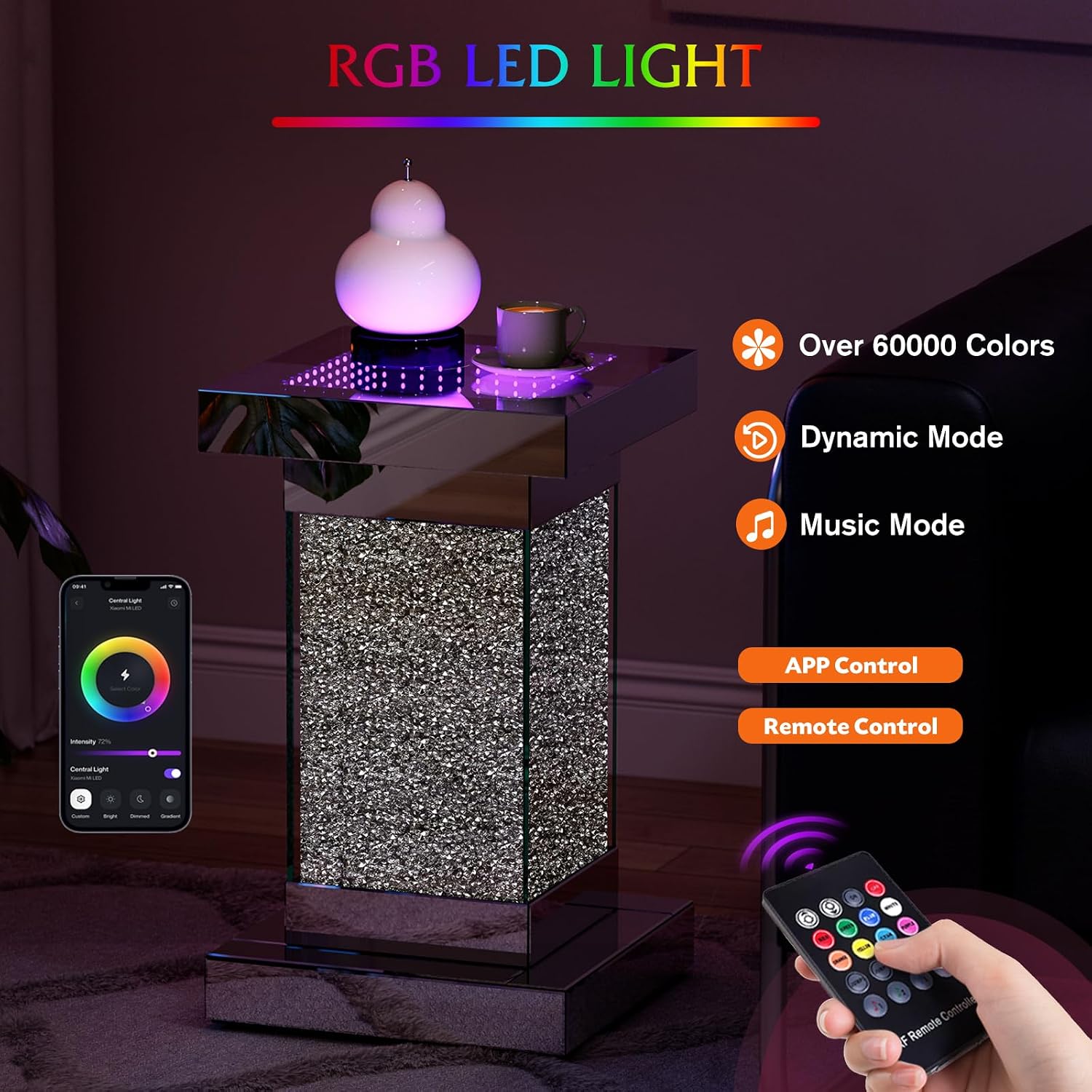 IKIFLY Mirrored End Table with LED Lasagna Lights, Modern Side Table with Crushed Diamond, Silver Nightstand with Remote Control for Living Room, Bedroom and Office