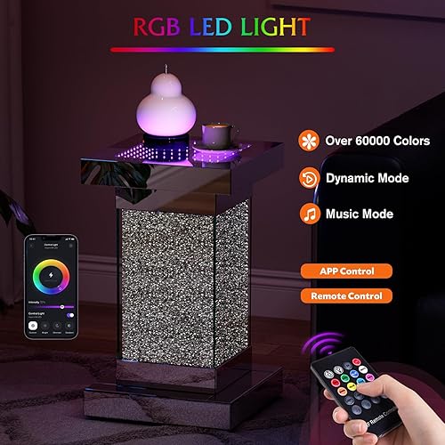 Miniatura 4 de IKIFLY Mesa auxiliar con espejo con luces LED de lasaña, mesa auxiliar moderna con diamante triturado, mesita de noche para sala de estar y