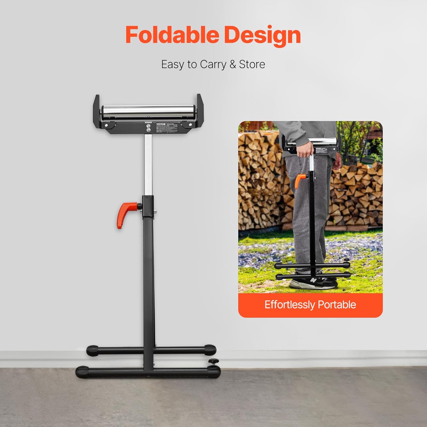 VEVOR Roller Stand, 250 lb Load Capacity, 27 in-43 in Adjustable Height, Folding Heavy Duty with Edge Guides & 11.5 in Polished Steel Roller Head, for Table Saw Outfeed Woodworking Extension Support