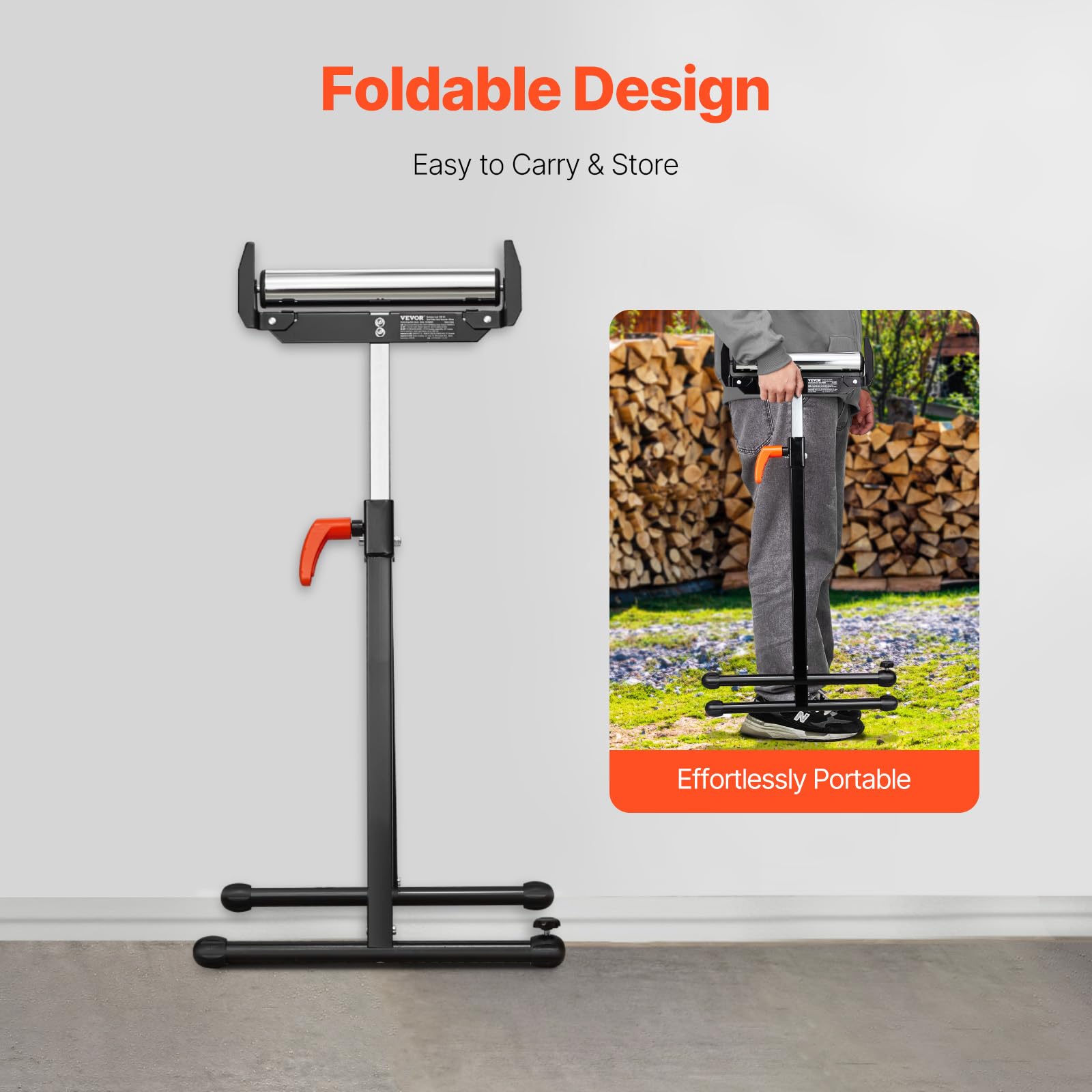 VEVOR Servante à Rouleaux Capacité de Charge 113 kg Support à Rouleau Pliable Hauteur Réglable 685,8-1092,2 mm avec Tête à Rouleau en Acier Poli, pour Support Sortie Scie à Table pour Travail Bois