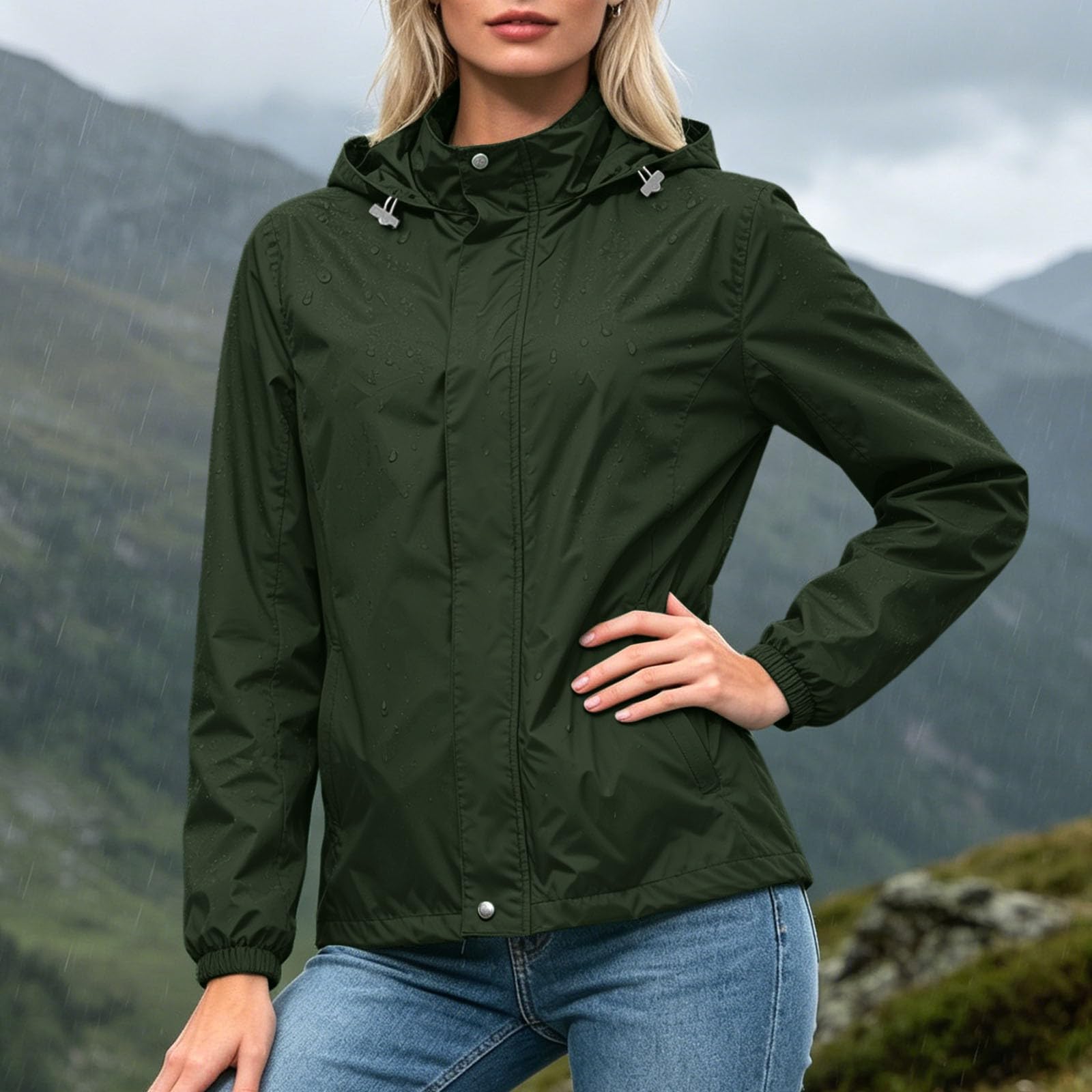 Chaqueta cortavientos ligera con capucha para mujer, ideal para actividades al aire libre. Abrigo informal liso con cremallera frontal, bolsillos delanteros y cierre ajustable.
