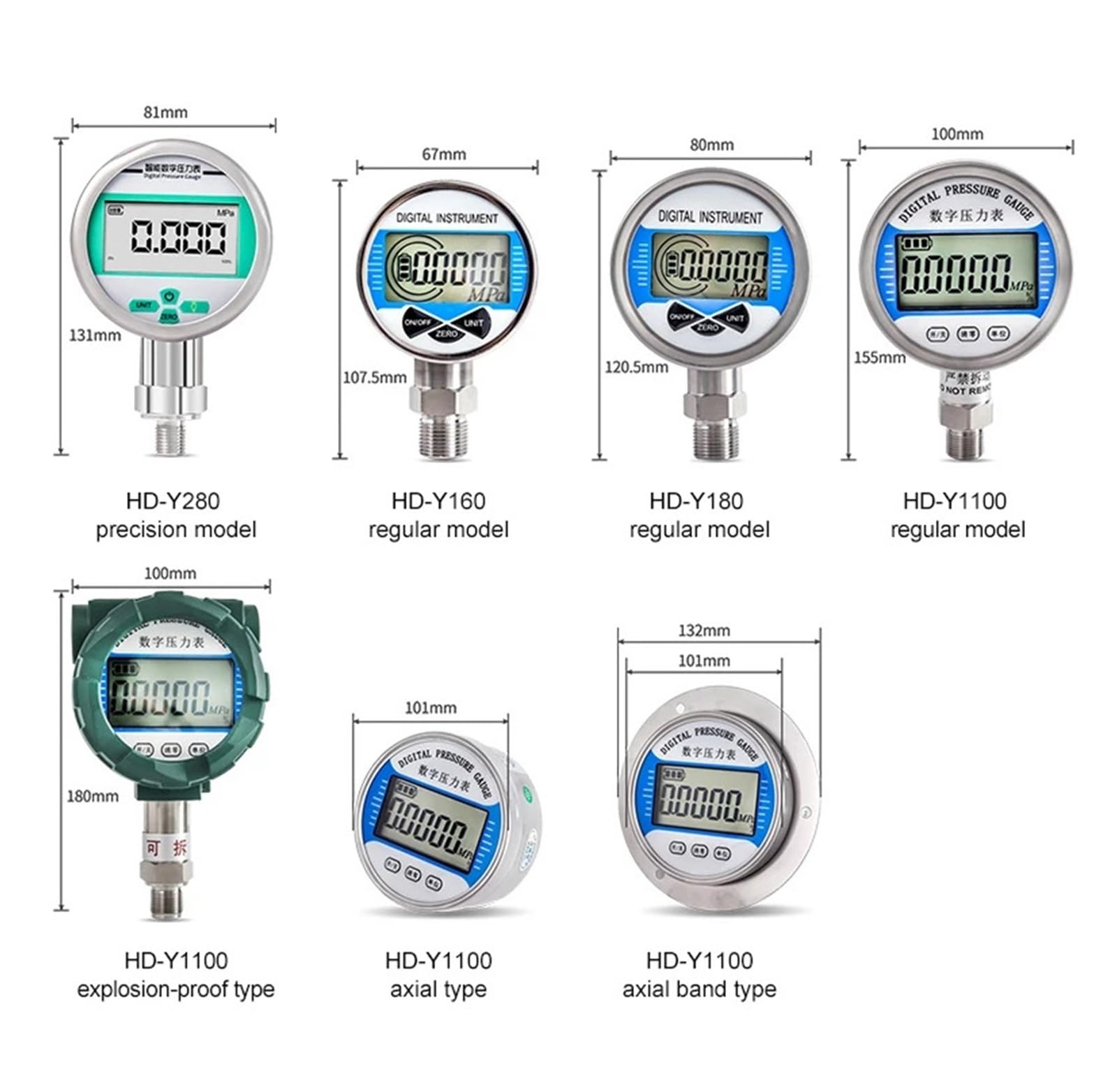 Manómetro digital, Medidor de presión vacío aire y agua alta precisión con pantalla Digital inteligente acero inoxidable(HD-Y280-0.2-81mm,0-25Mpa)