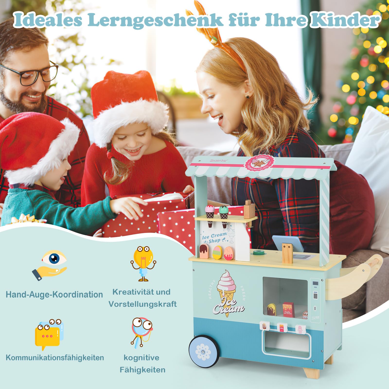 DREAMADE Kinder Eiswagen mit 15 Zubehör, Kaufladen aus Holz mit 2 Rädern & Markise, Eisstand Einkaufsladen für Kinder ab 3 Jahren (Cyan)