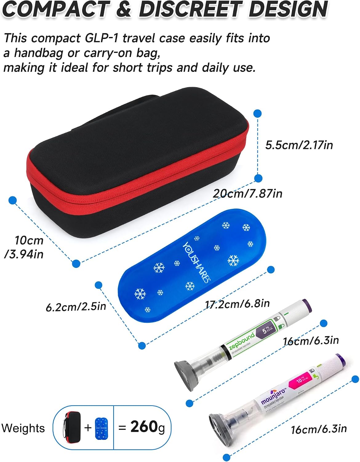 YOUSHARES GLP-1 Travel Case for Zepbound & Mounjaro Injector Pens, TSA Approved Insulated Cooler Storage Bag with 2 Reusable Ice Packs, Hard Shell Tirzepatide Pen Holder for Travel & Daily Use