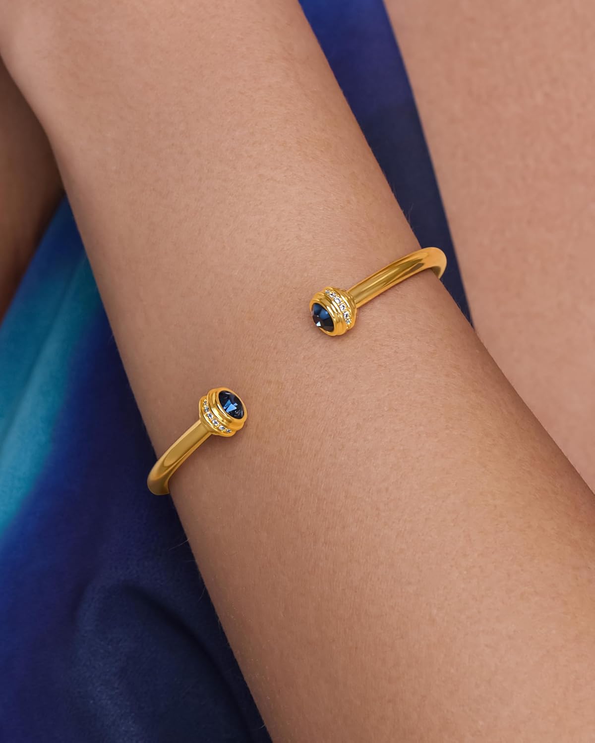 Gold Chunky Infinity Statement FULLY ADJUSTABLE Open Cuff Bangle with Sapphire CZ Braided Charm for Women by SNGIA, Stackable Handmade Trendy Jewelry Gifts, Polished Beachy Vacation Fashion Boho Tennis Bracelet Accessories, Vintage Link Wire Thick Bohemian Nickle Free Open Forever Bracelet Bangle. - Image 4