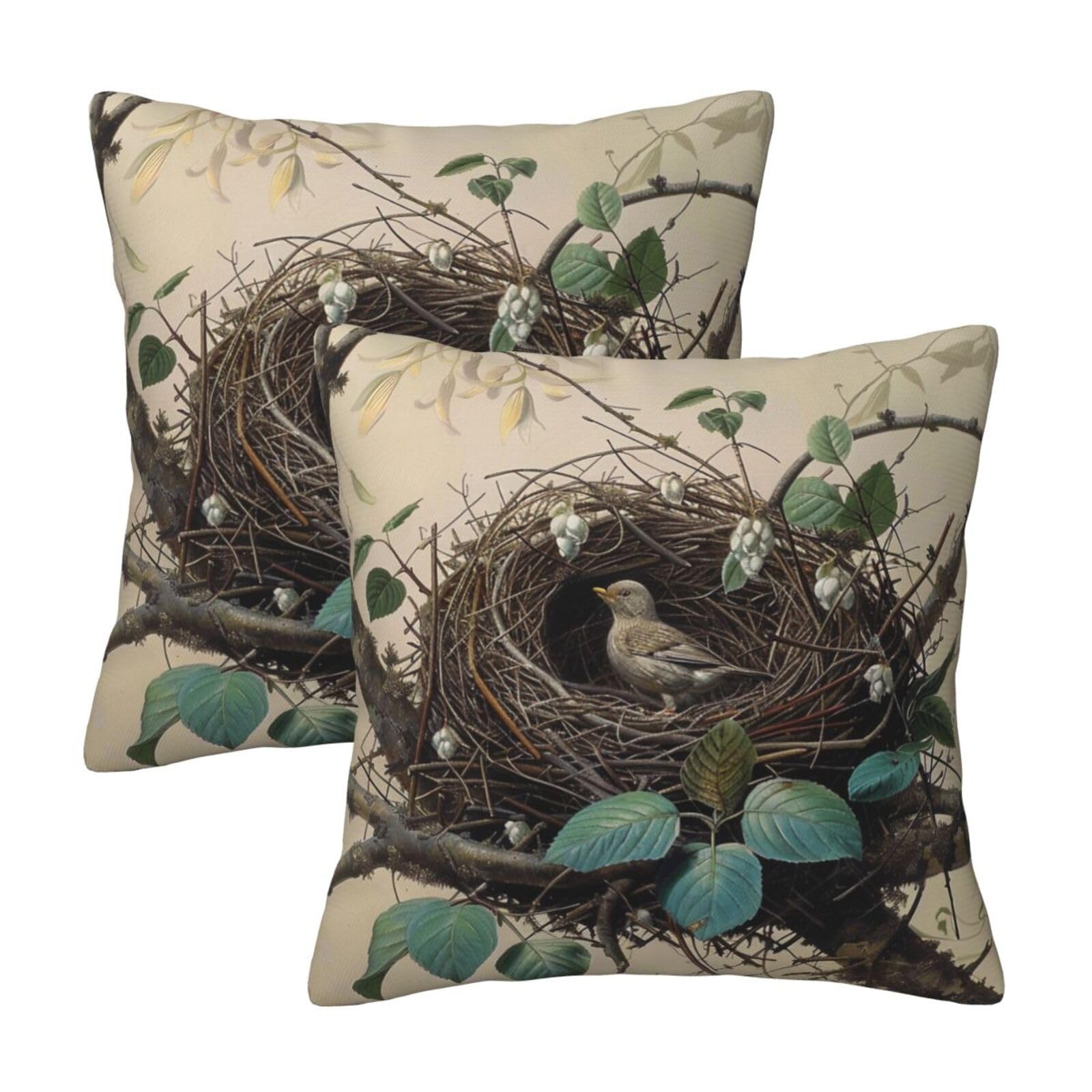 kkvhhyuo Birds Nest Print Pillow Covers Set of 2, Square Decorative Cushion Covers with Hidden Zipper, Throw Pillow Cases for Living Room Sofa Bed Chair, 45x45 cm