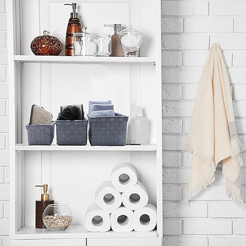 Miniatura 4 de EVIDECO French Home Goods Juego de 3 cestas de almacenamiento con correa tejida a cuadros, color gris