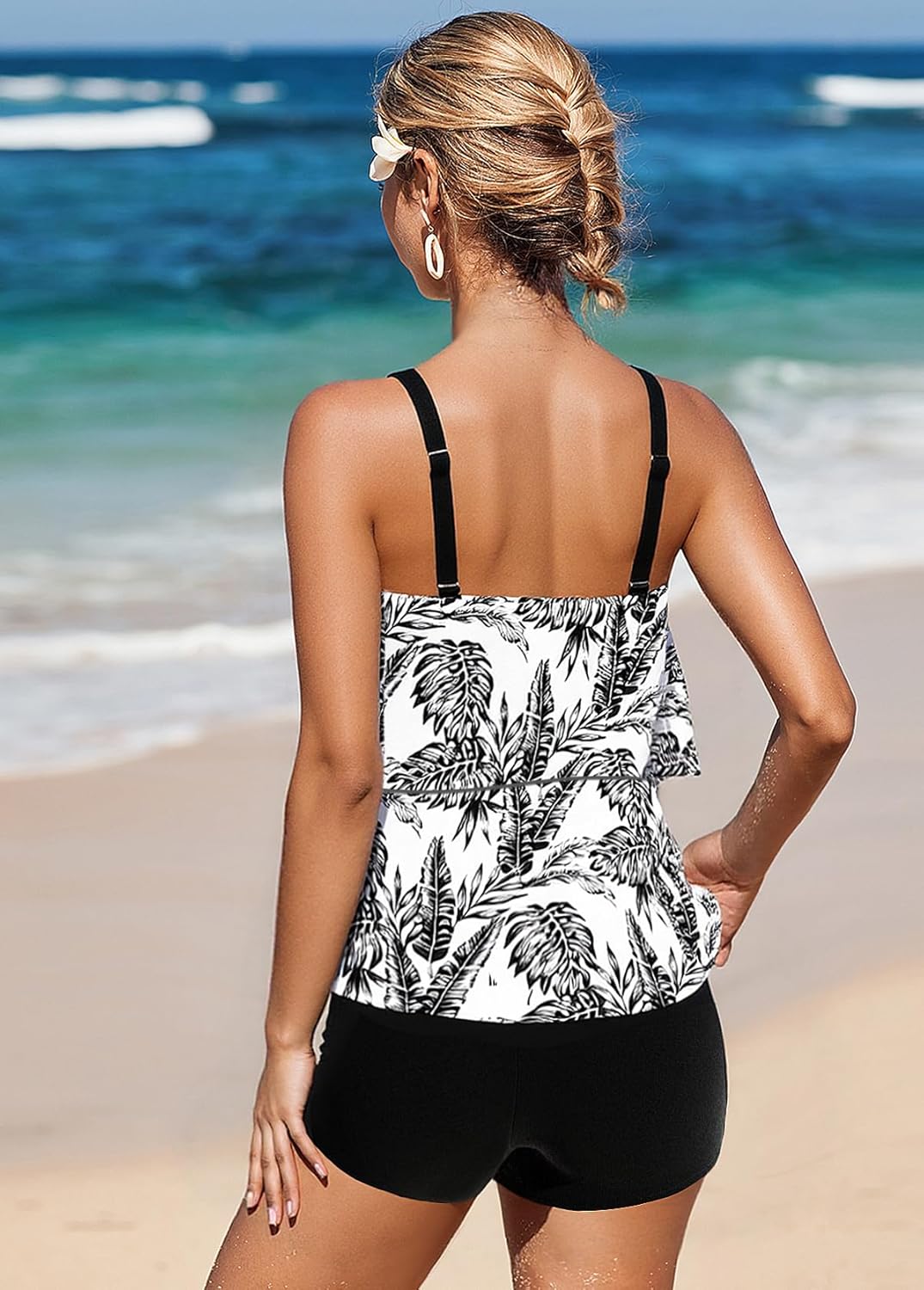 MODLILY Layered Ruffle Two Piece Tankini Swimsuits, Flowy Swimdress Handkerchief Hem, Slim Tank with Boyshorts