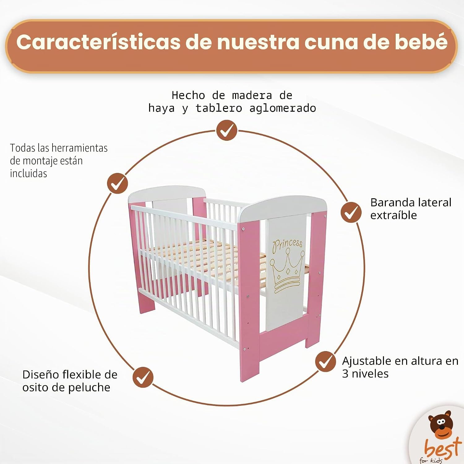 My Sweet Baby Cuna en 3 colores, 60 x 120 cm, sin colchón de espuma, color blanco, 4 piezas (rosa Princess sin colchón)