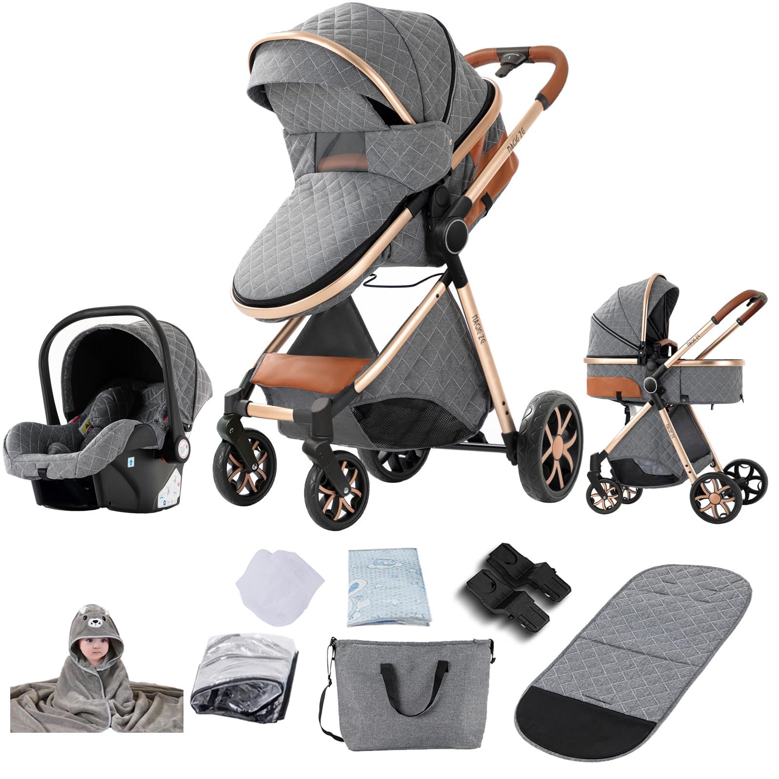 Reenborn Kinderwagen 3 in 1, Buggy mit Zwei Umkehrbaren Schiebemodi, Kinderwagen mit Rahmen Aluminiumlegierung, Kombikinderwagen 3 in 1 Komplettset mit Ein-Klick-Faltdesign (V9 Grey)