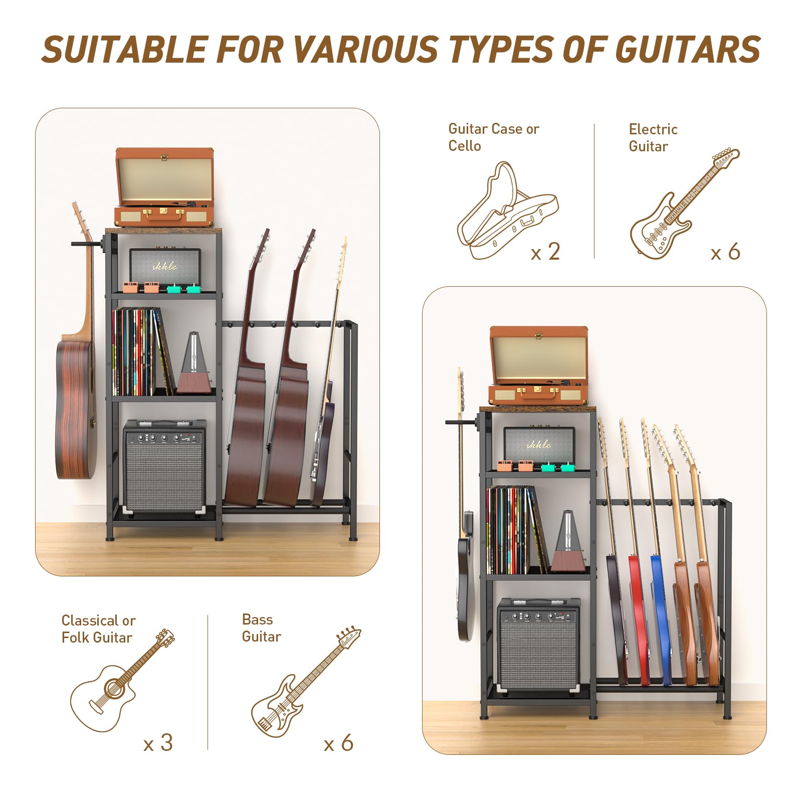 ikkle Soporte para múltiples guitarras con compartimentos de almacenamiento | Soporte de guitarra con soporte para discos, tocadiscos y amplificador, almacenamiento de guitarra para estudio en casa