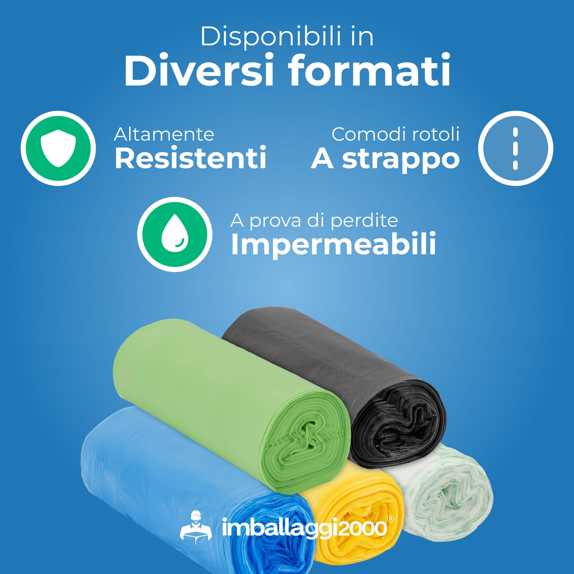 IMBALLAGGI 2000 - Sacchetti Spazzatura Organico 70x110 (110L), 10 Rotoli x 10 Sacchi Spazzatura Raccolta Differenziata Interno e Esterno, Tot 100 Sacchetti Umido Resistenti Biodegradabili Compostabili