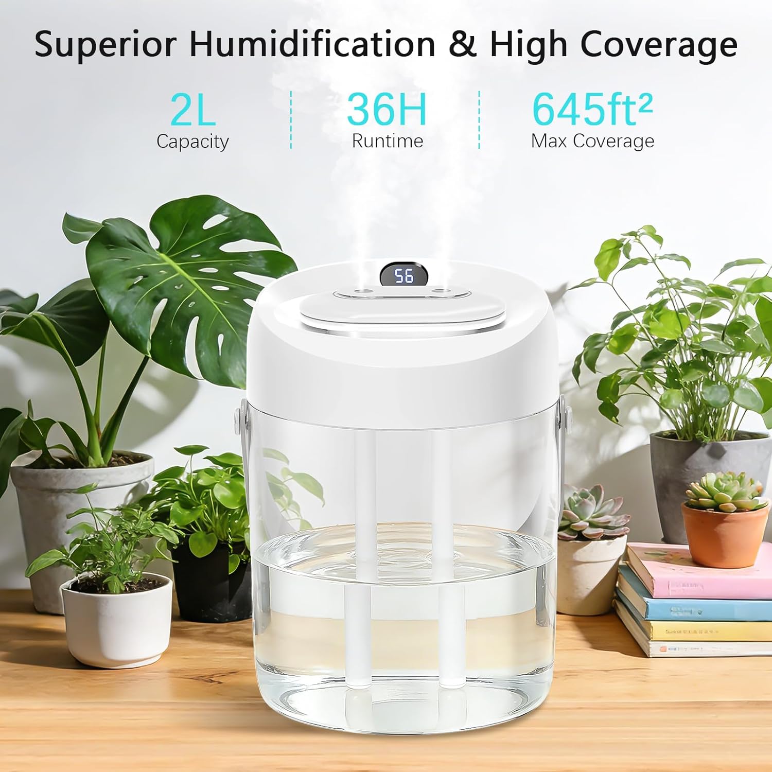 Humidifiers for Bedroom, 25dB Quiet Cool Mist Humidifier for Home, 2L Top Fill Tank for Large Room with 24H Runtime, Carry Handle, NightLight, 12H Auto Shut-off Safety for Nursery/Office/Plants
