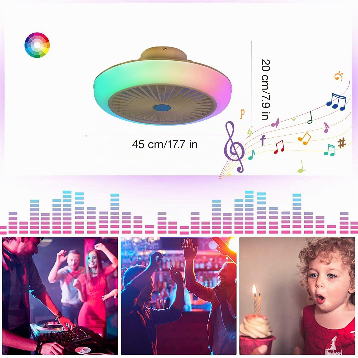RGB Ventilatore Da Soffitto Con Luce E Telecomando, Ventilatore Soffitto Con Luce Wifi Plafoniera Ventilatore Soffitto E Cassa Bluetooth Lampadario Con Ventilatore Da Soffitto 45CM,A