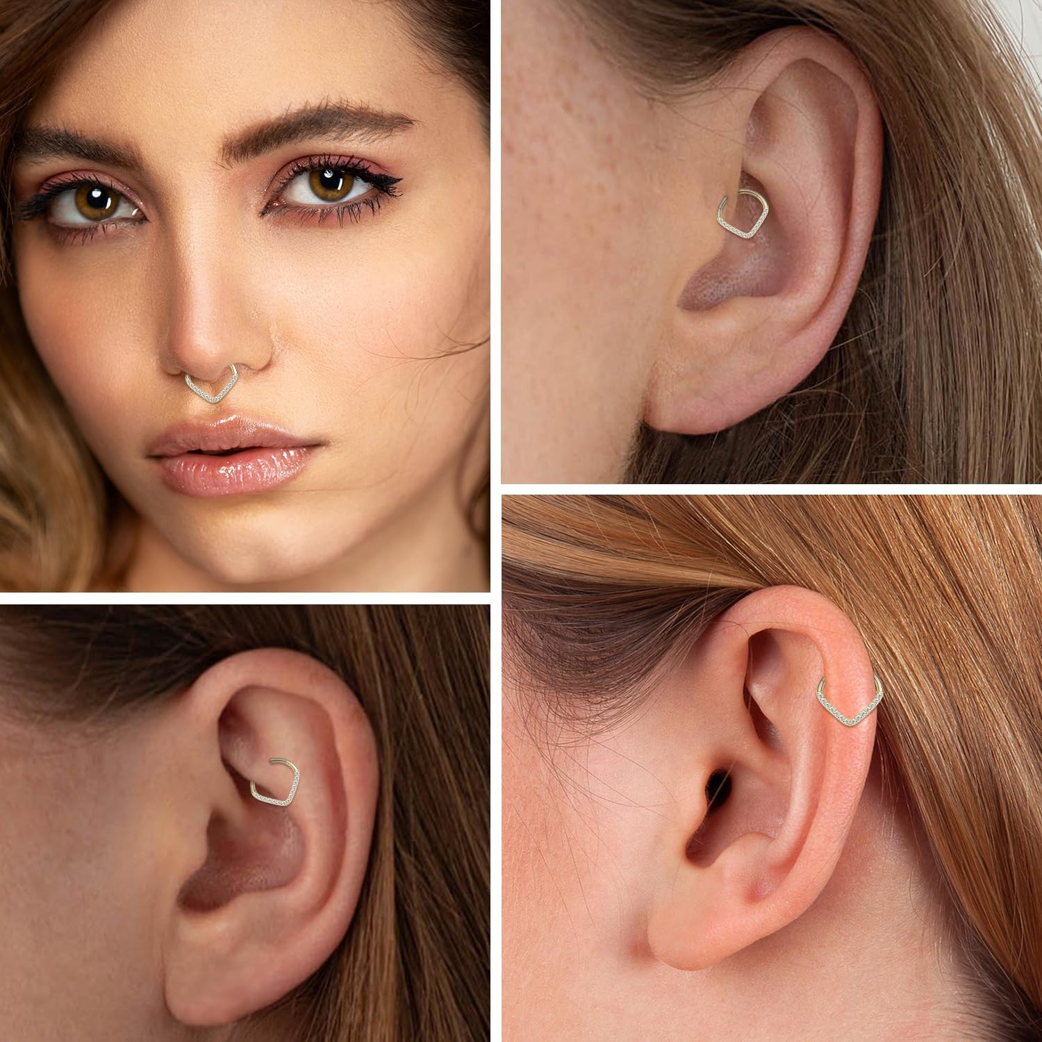 FUNLMO 14K Solid Gold Clear Cube Zircon Teardrop Septum Daith Jewelry Nose Ring Hoop Yellow Gold Cartilage Earring Tragus Helix Rook Daith Conch Piercing Jewelry 16G 8mm 10mm