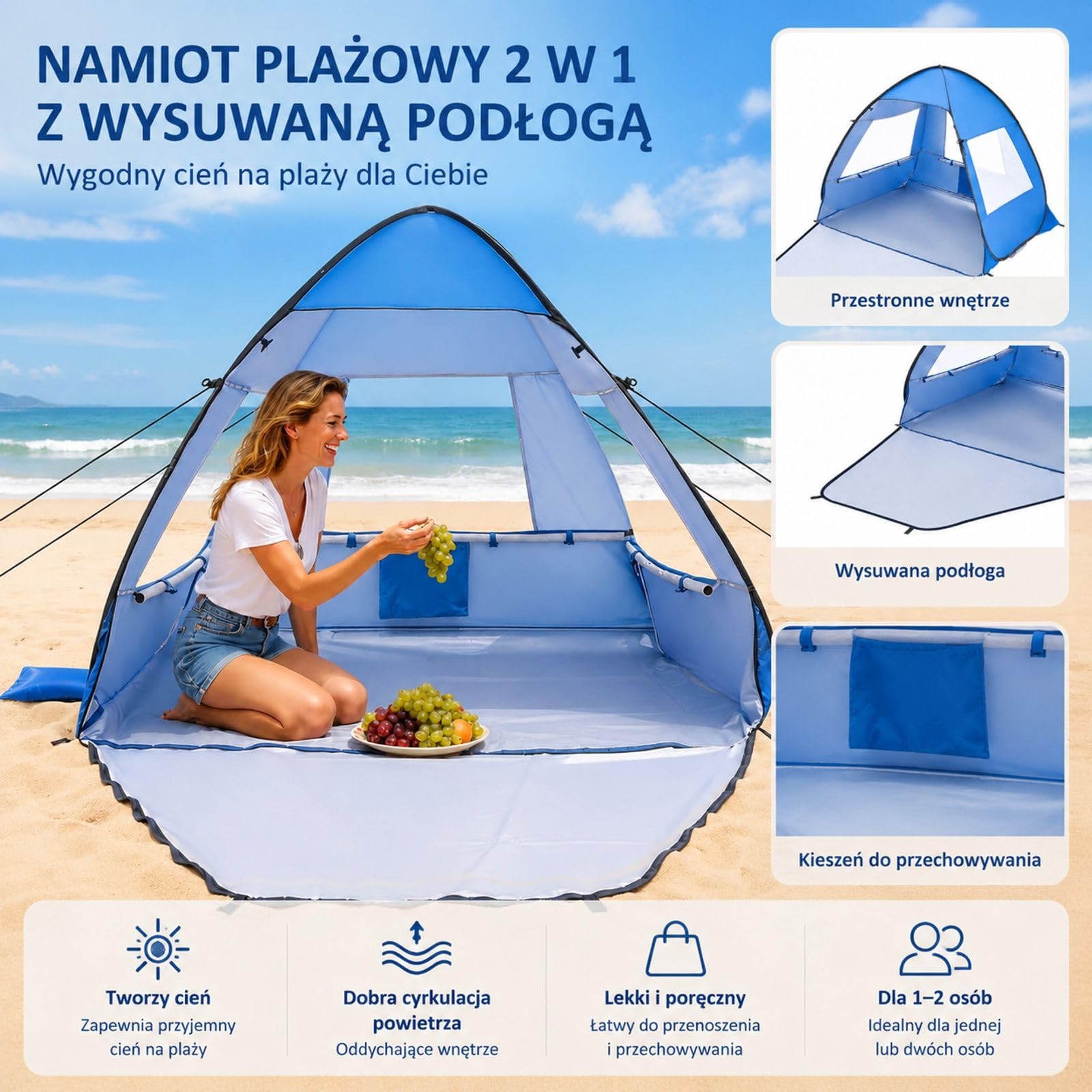 Przenośny namiot plażowy dla 2 osób z torbą transportową, metalowymi słupkami, na kemping, wędkowanie, piknik