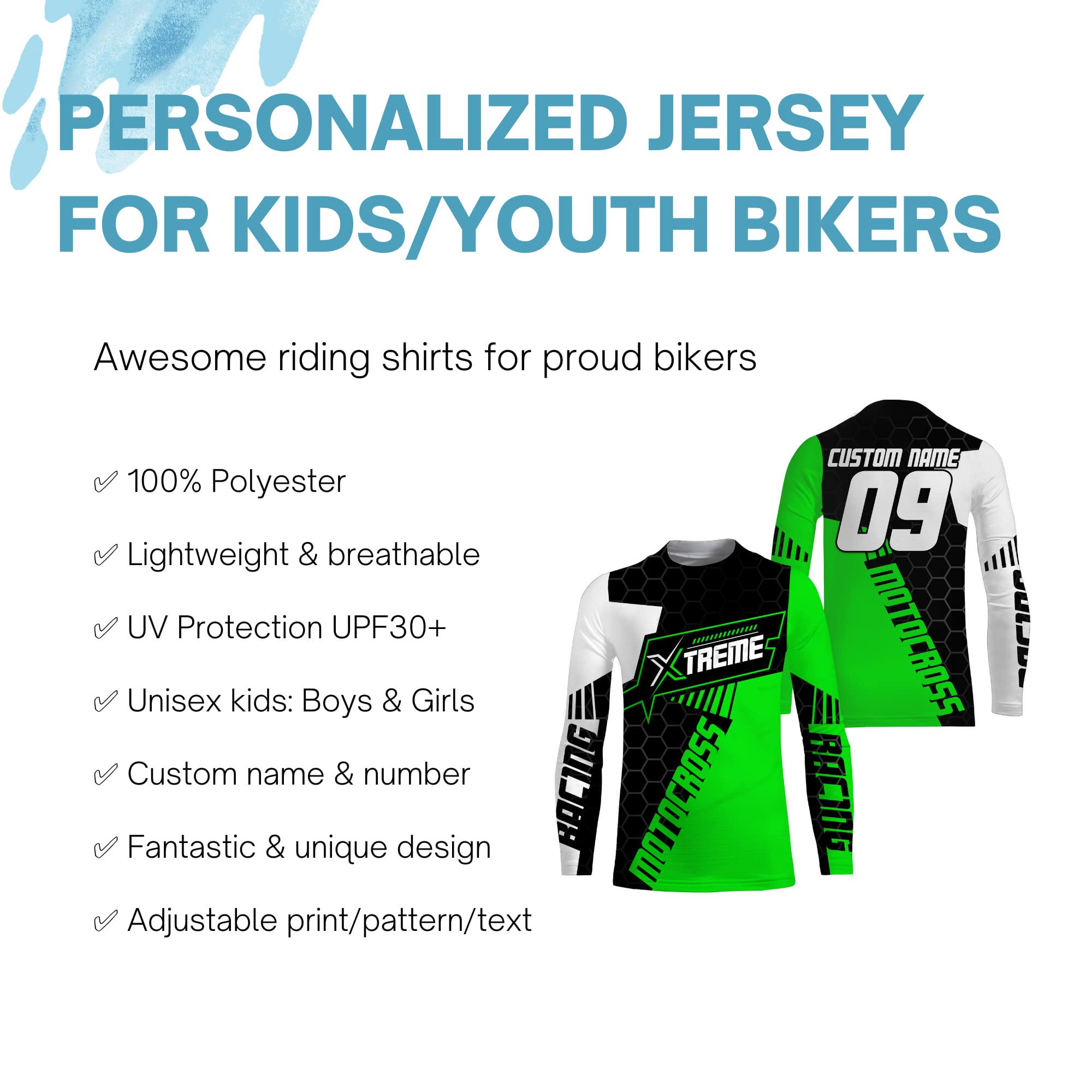 PIONAMZIOZ Kids Extreme Motocross Jersey Personalized UPF30+ Boys Girls Dirt Bike Racing Long Sleeves Green