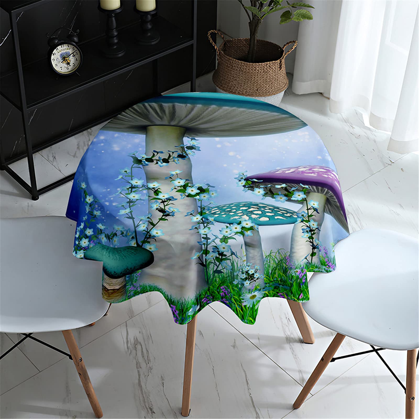 Morbuyshop Blue Flowers Morbuy Round Tablecloth For Circular Table, 3D Mushroom Print Tablecloths Waterproof Stain Resistant Wipeable Table Cloths For Home Party Kitchen Dinning (,Diameter 150Cm)